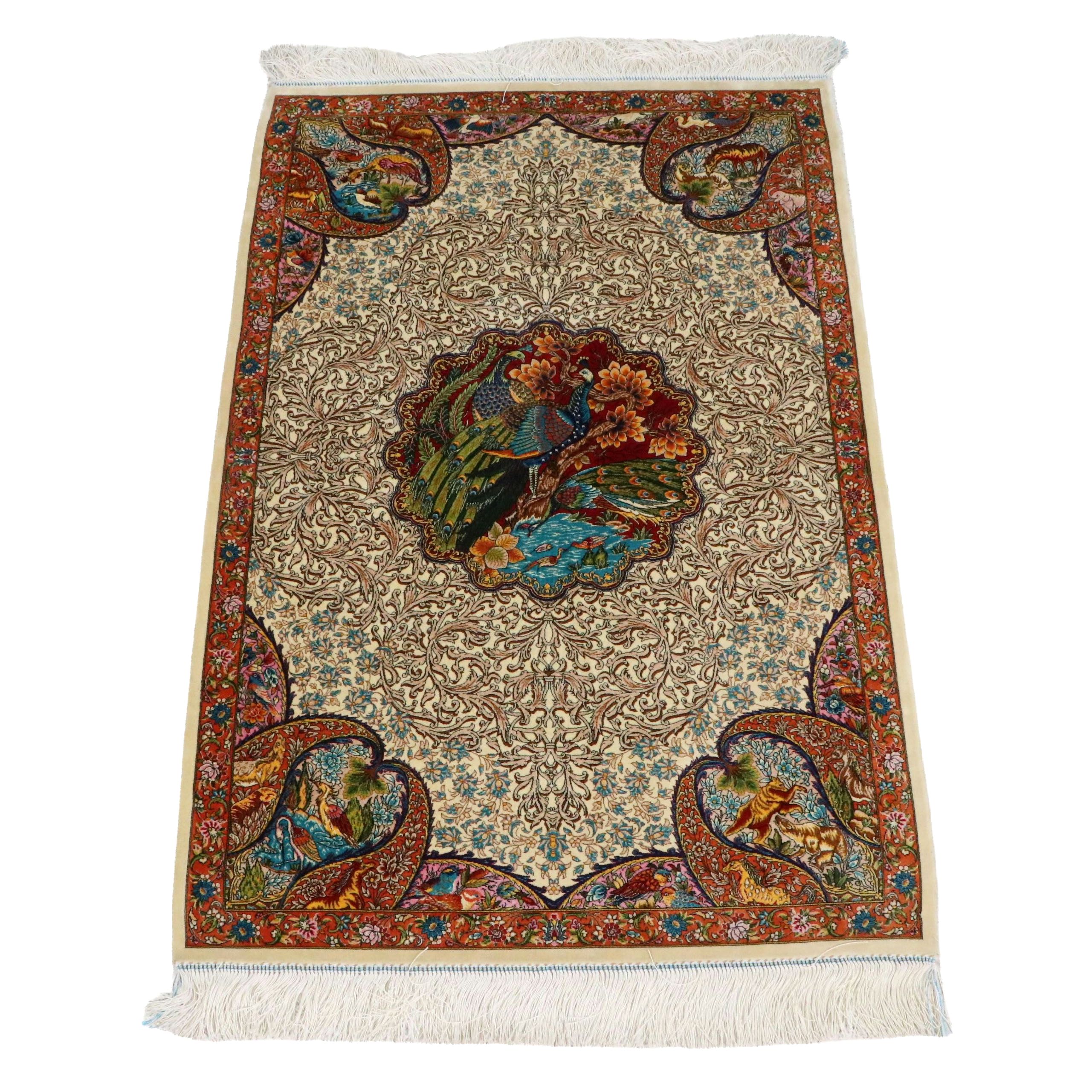 2´8 x 4´6 Power Loomed Turkish Peacock and Animal Pictorial Art Silk Accent Rug