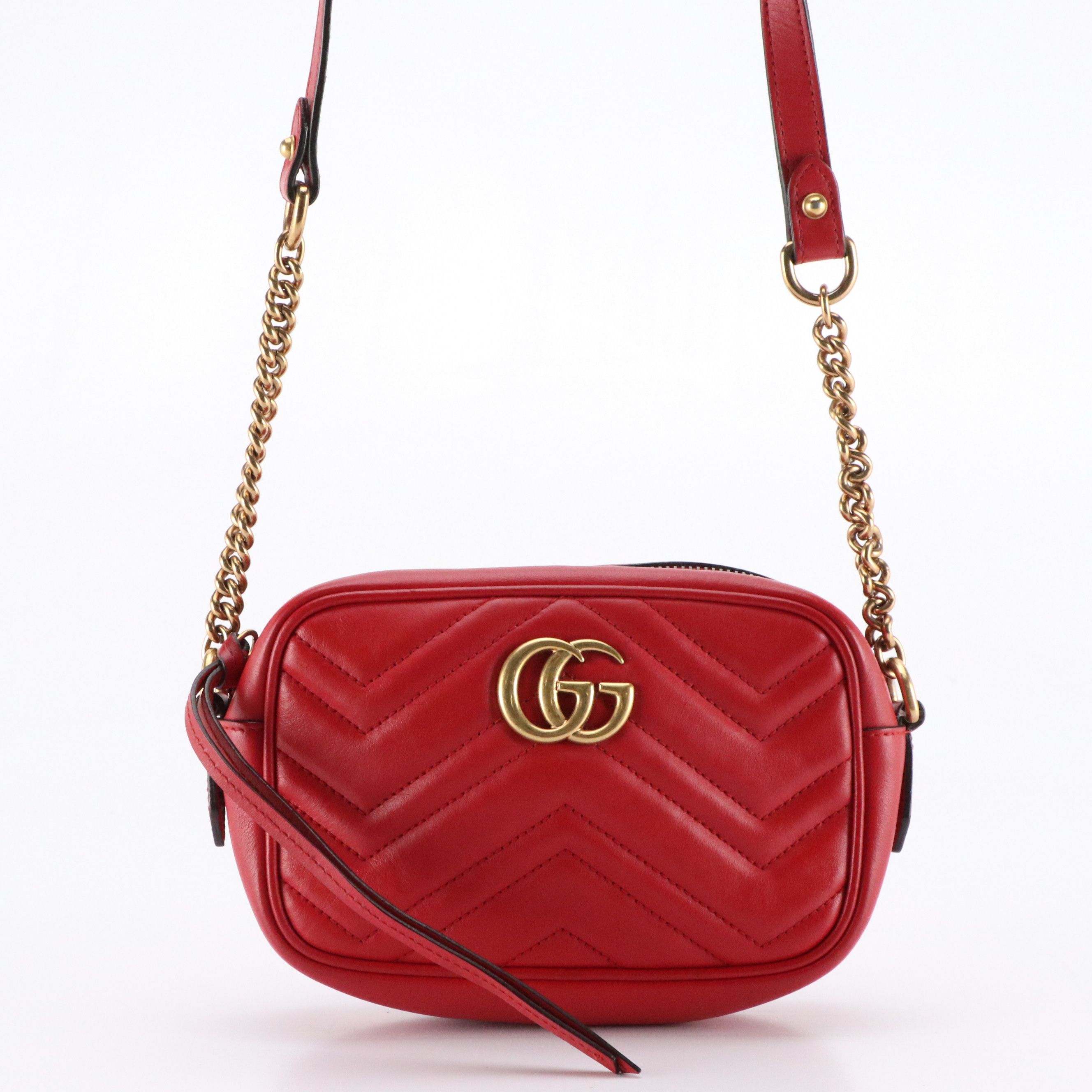 Gucci Small GG Marmont Camera Bag in Red Chevron Matelassé Calfskin Leather