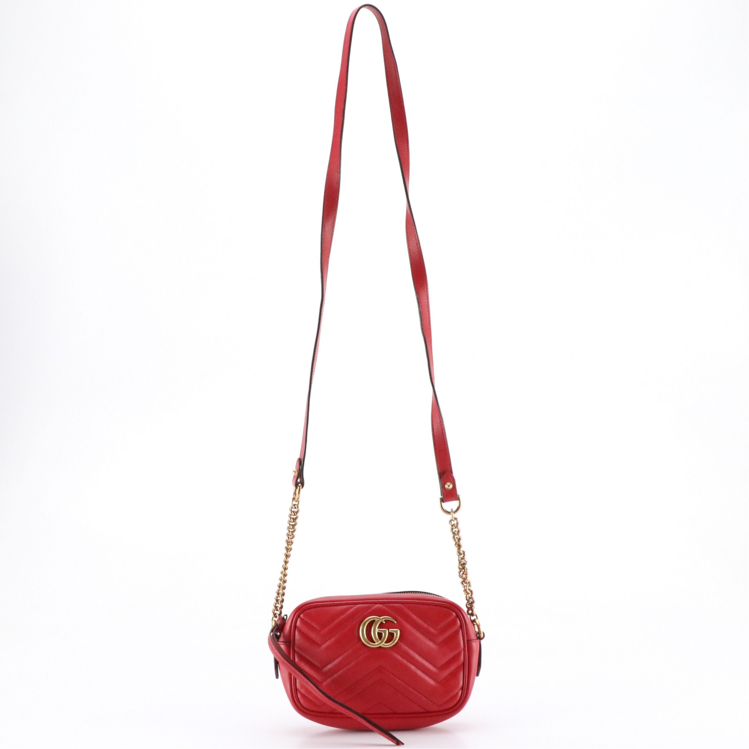 Gucci Small GG Marmont Camera Bag in Red Chevron Matelassé Calfskin Leather