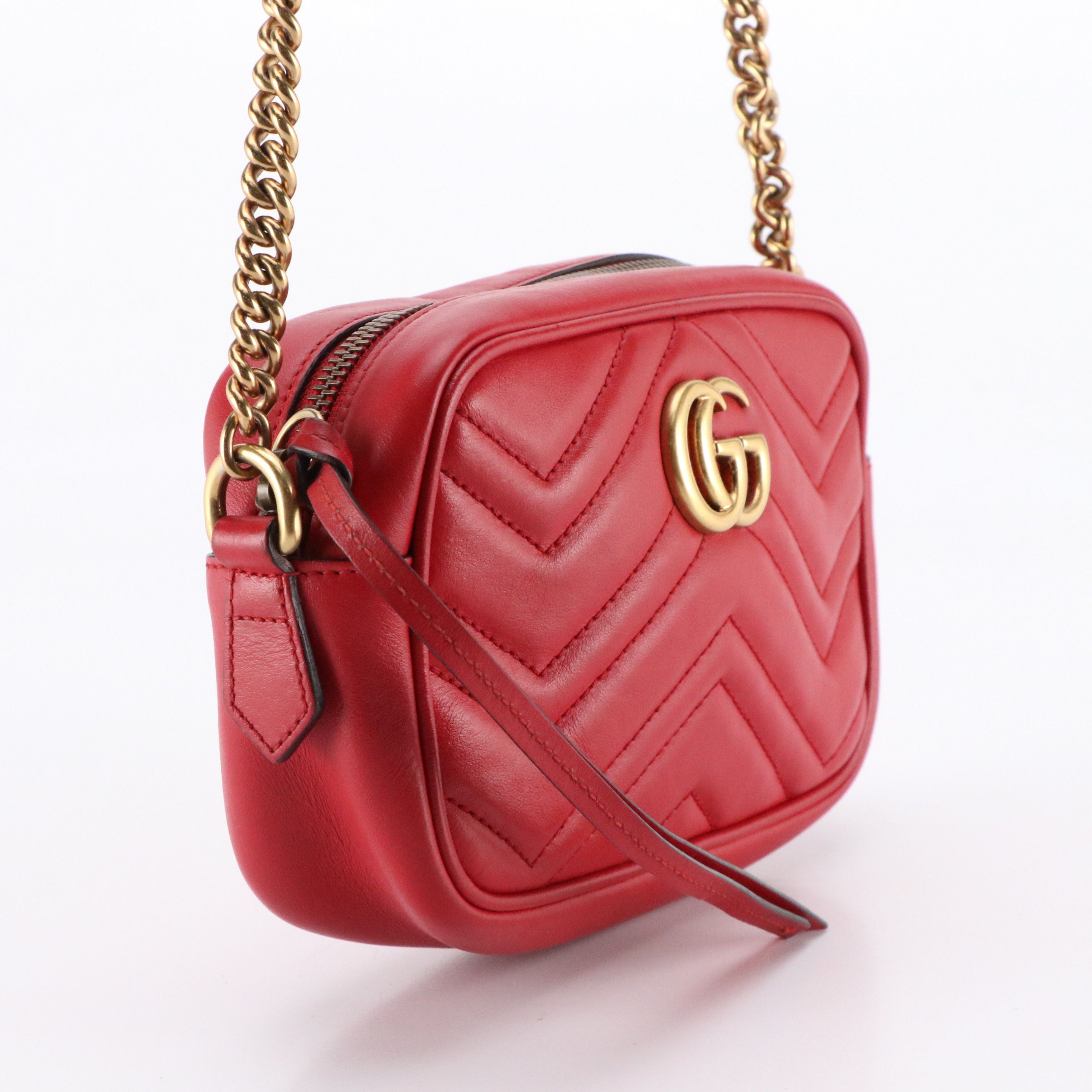 Gucci Small GG Marmont Camera Bag in Red Chevron Matelassé Calfskin Leather