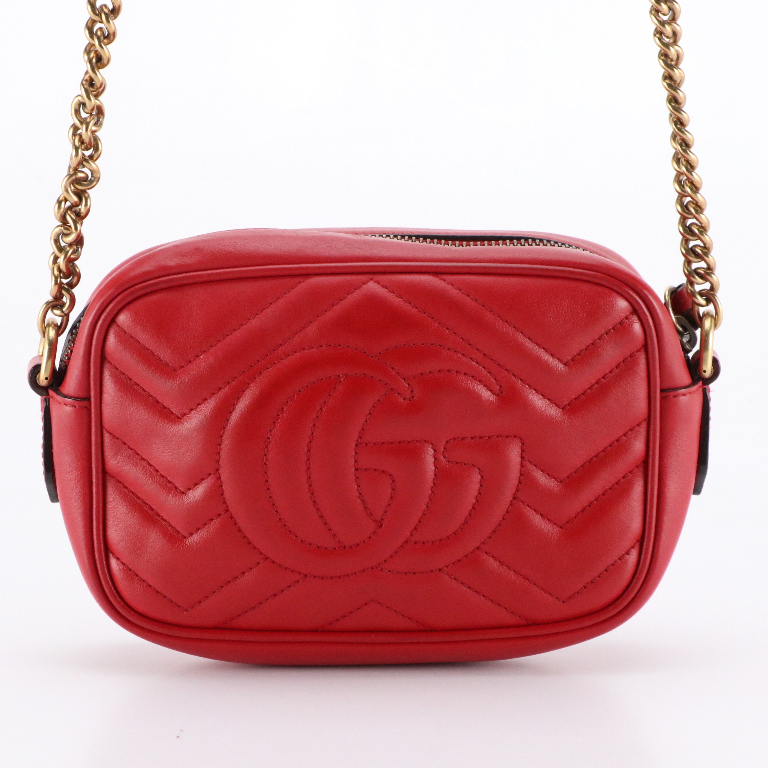 Gucci Small GG Marmont Camera Bag in Red Chevron Matelassé Calfskin Leather