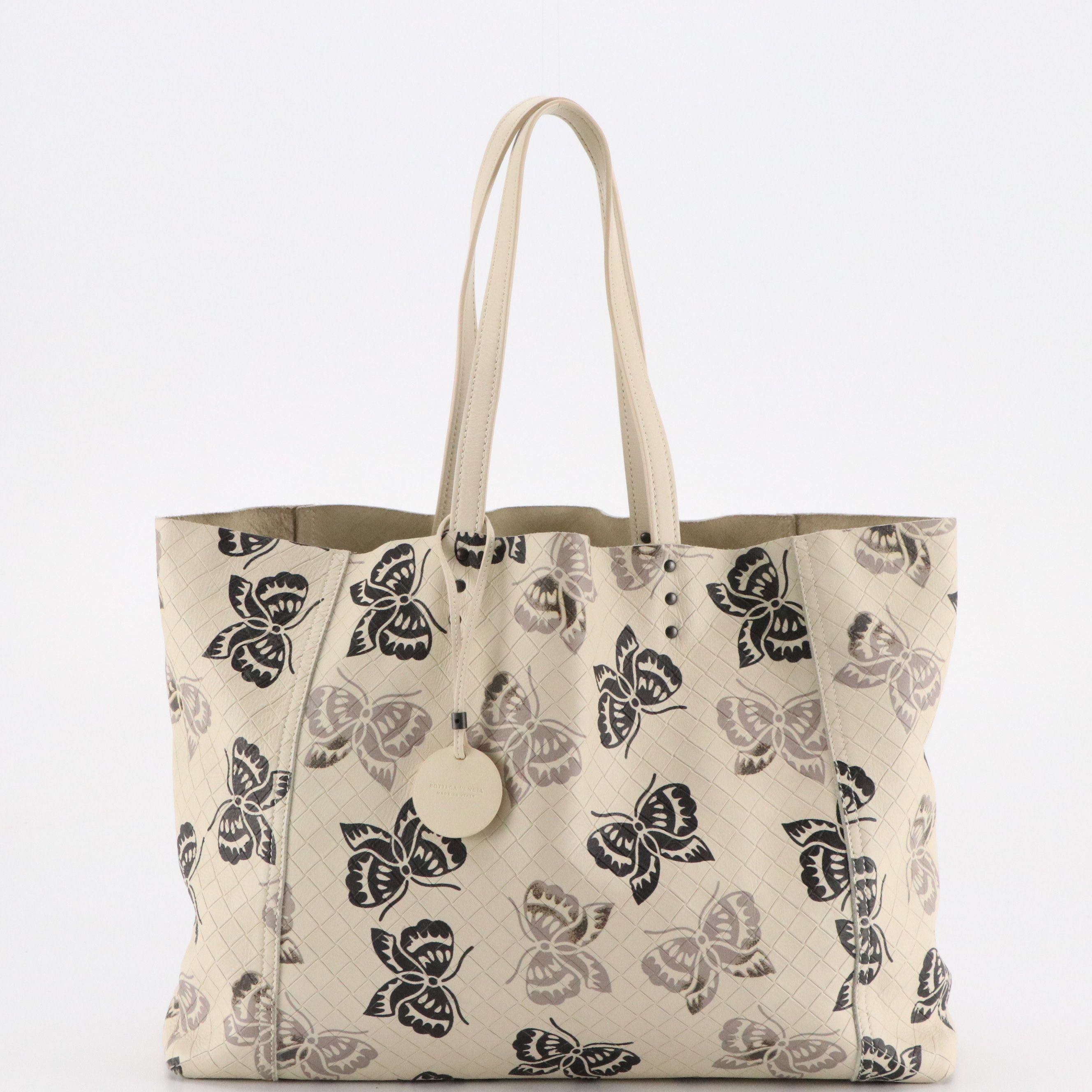 Bottega Veneta Shoulder Tote in Butterfly Printed Ivory Intreccio Mirage Leather