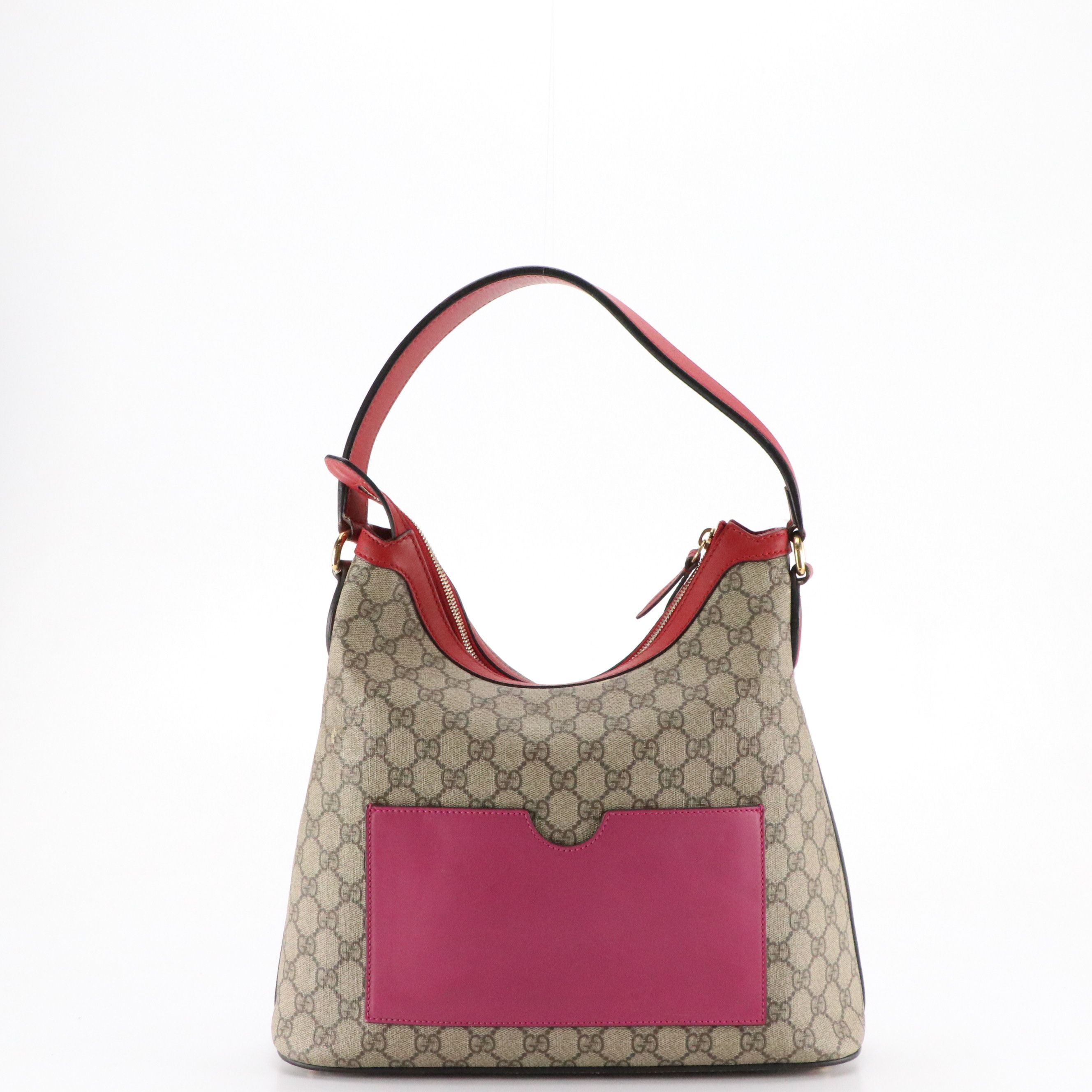 Gucci Hobo Shoulder Bag in GG Supreme Canvas with Red and Pink Calfskin Trim