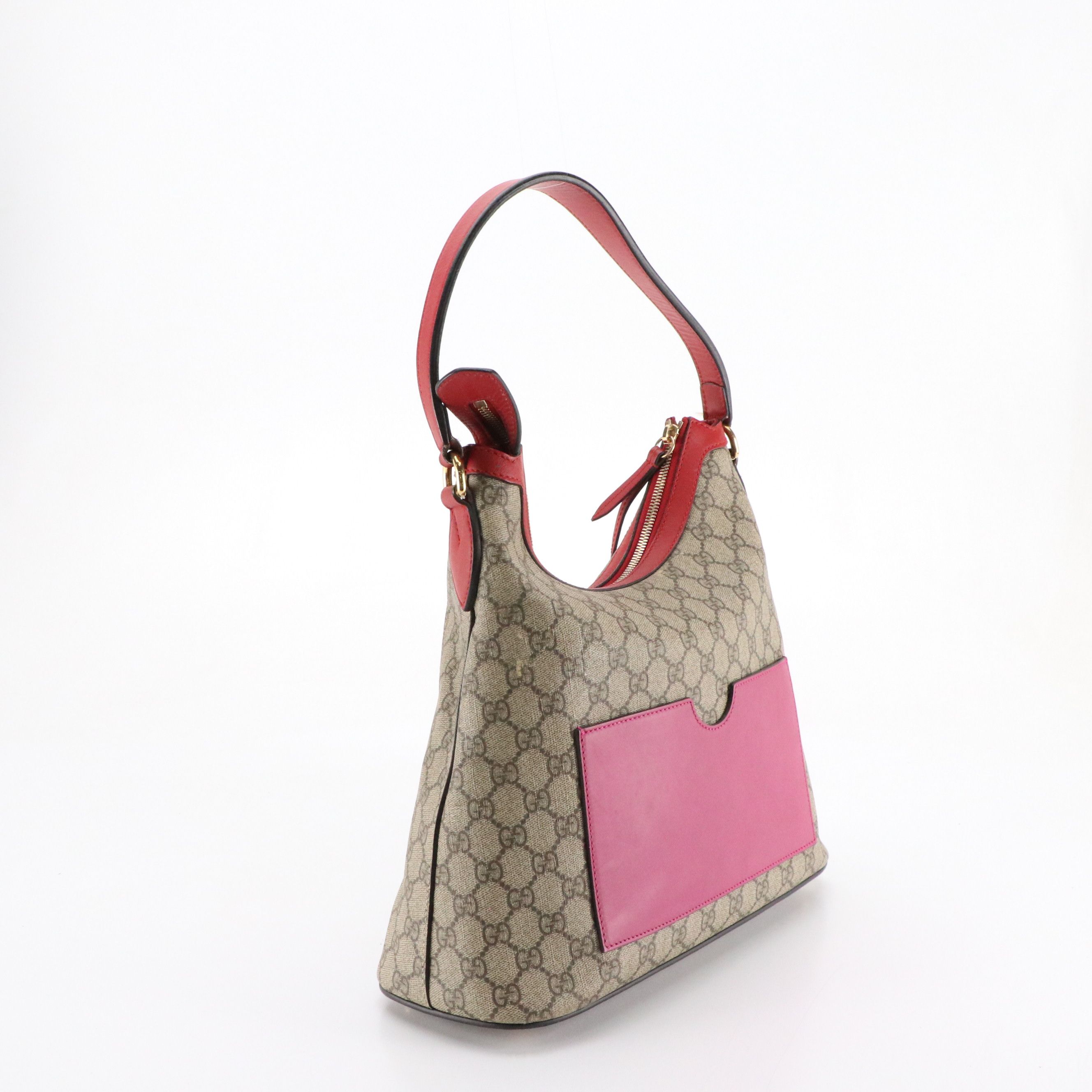 Gucci Hobo Shoulder Bag in GG Supreme Canvas with Red and Pink Calfskin Trim