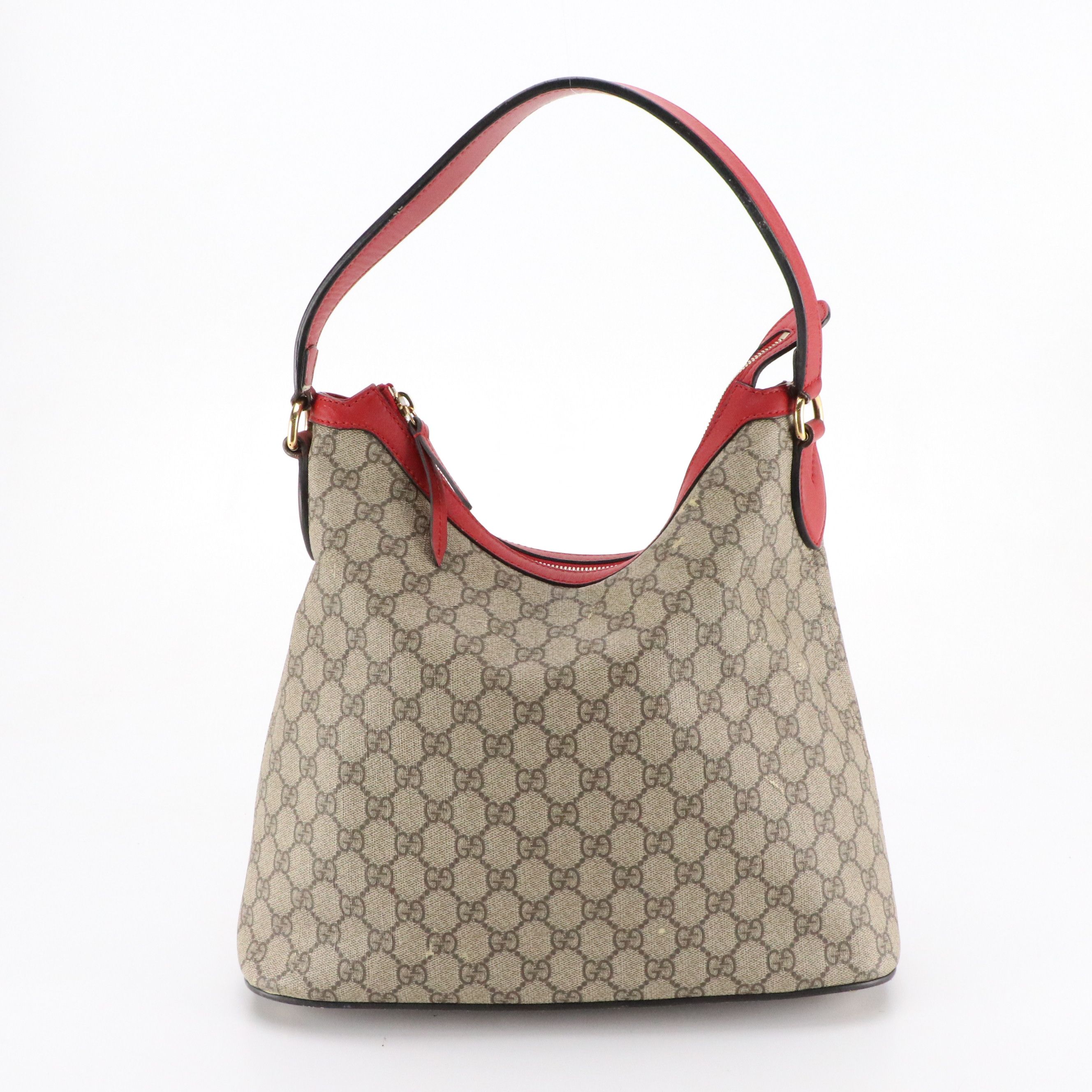 Gucci Hobo Shoulder Bag in GG Supreme Canvas with Red and Pink Calfskin Trim