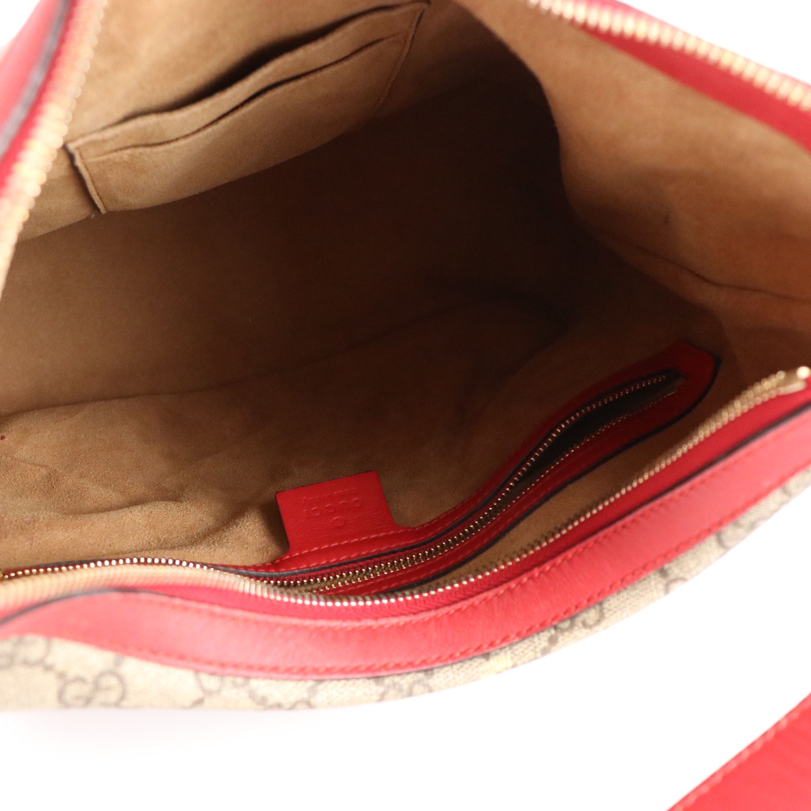 Gucci Hobo Shoulder Bag in GG Supreme Canvas with Red and Pink Calfskin Trim