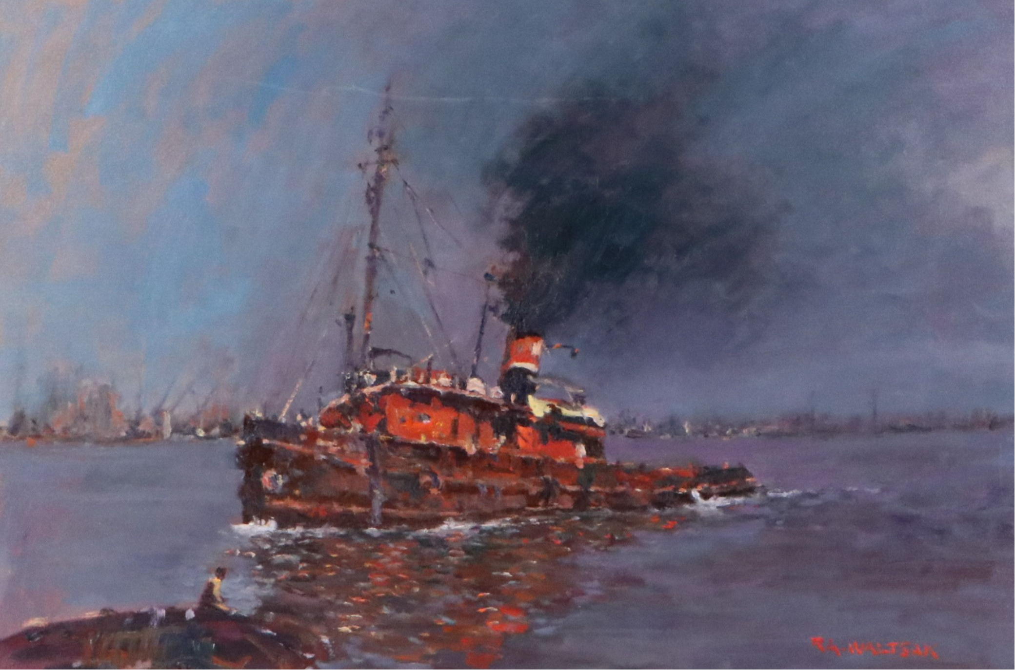 Robert Alan Waltsak Oil Painting of Harbor Scene with Steamboat, 20th Century