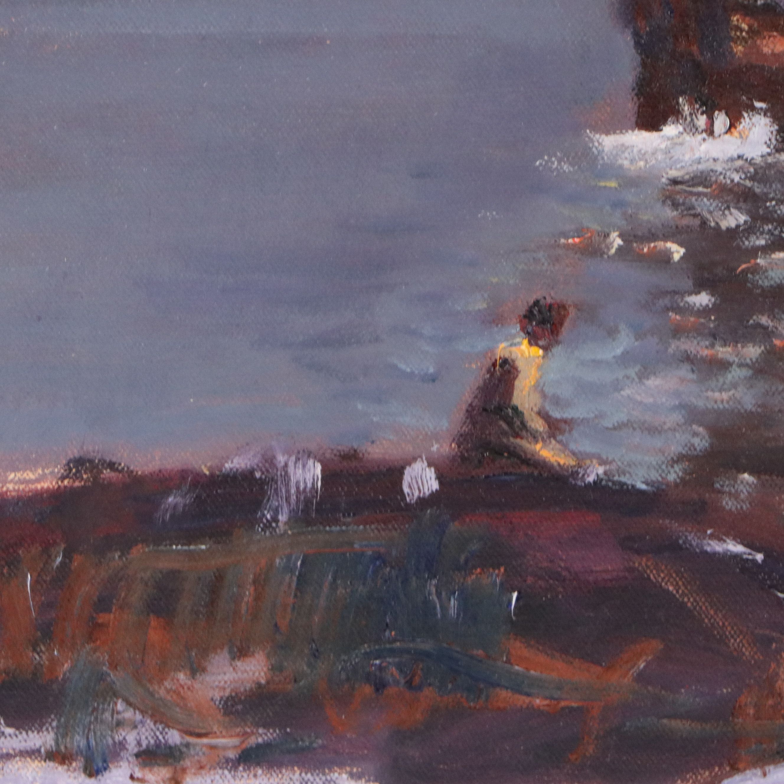 Robert Alan Waltsak Oil Painting of Harbor Scene with Steamboat, 20th Century