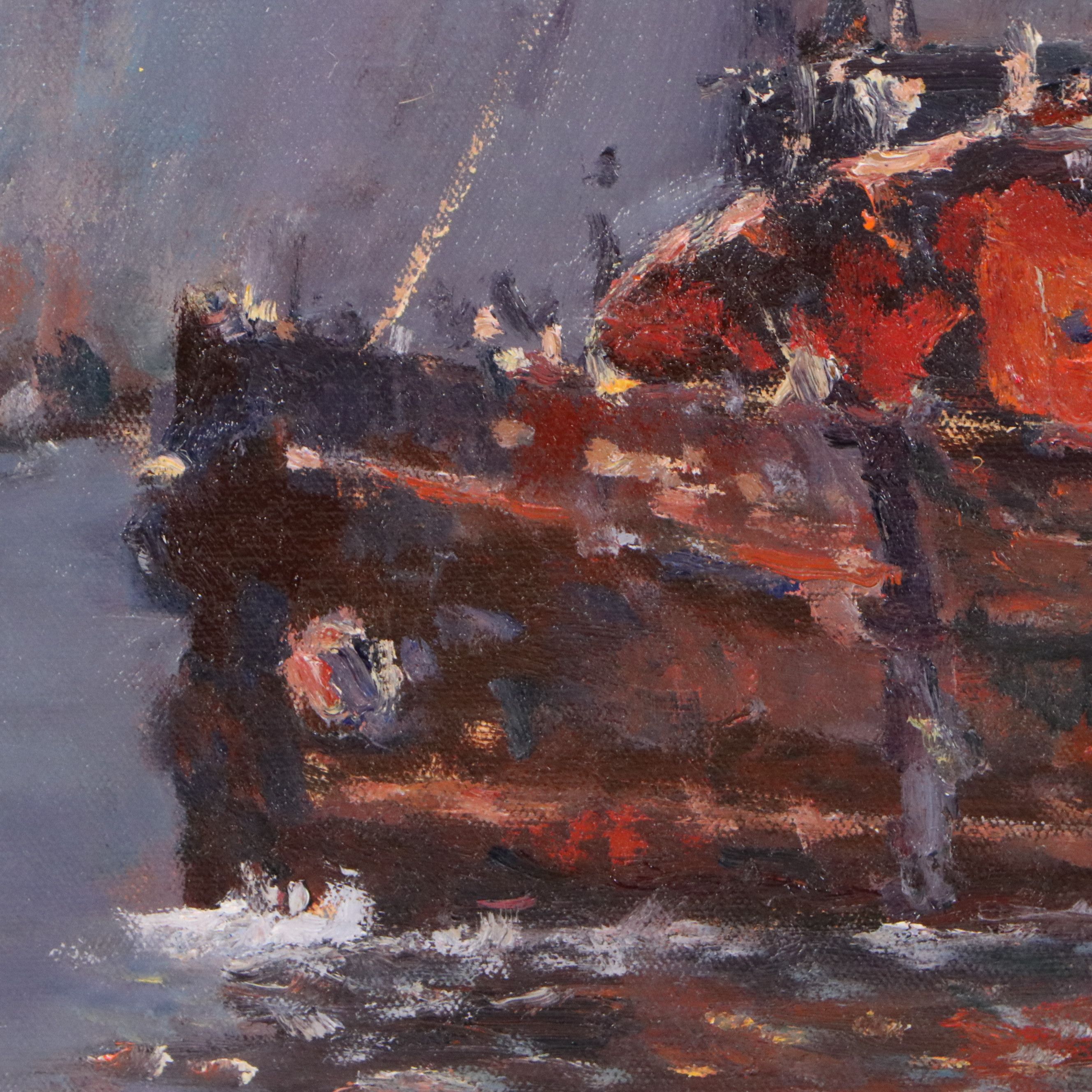 Robert Alan Waltsak Oil Painting of Harbor Scene with Steamboat, 20th Century