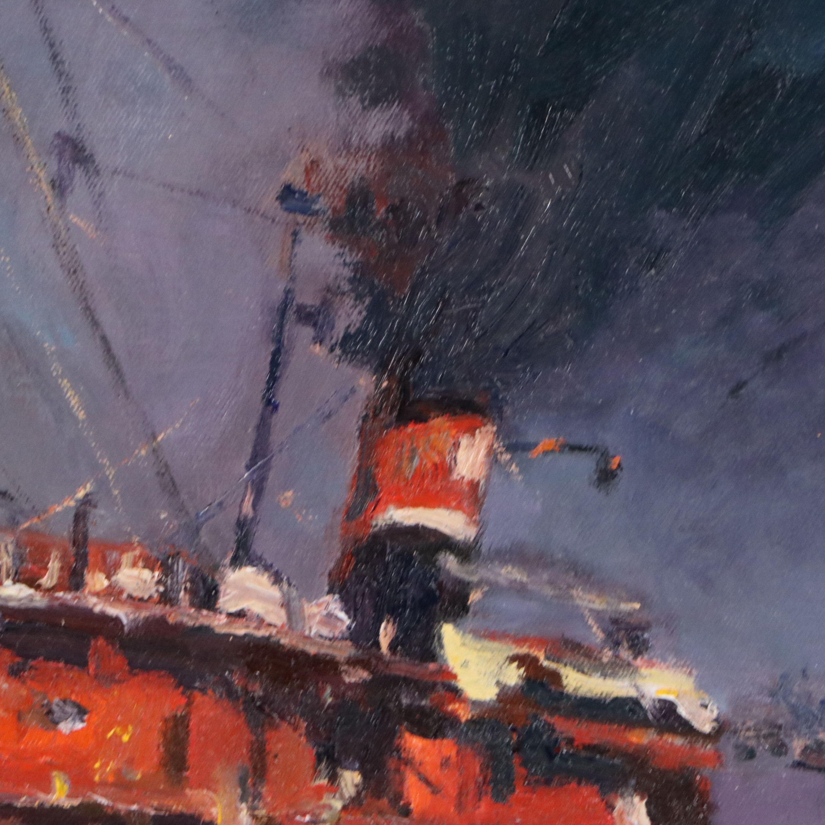 Robert Alan Waltsak Oil Painting of Harbor Scene with Steamboat, 20th Century