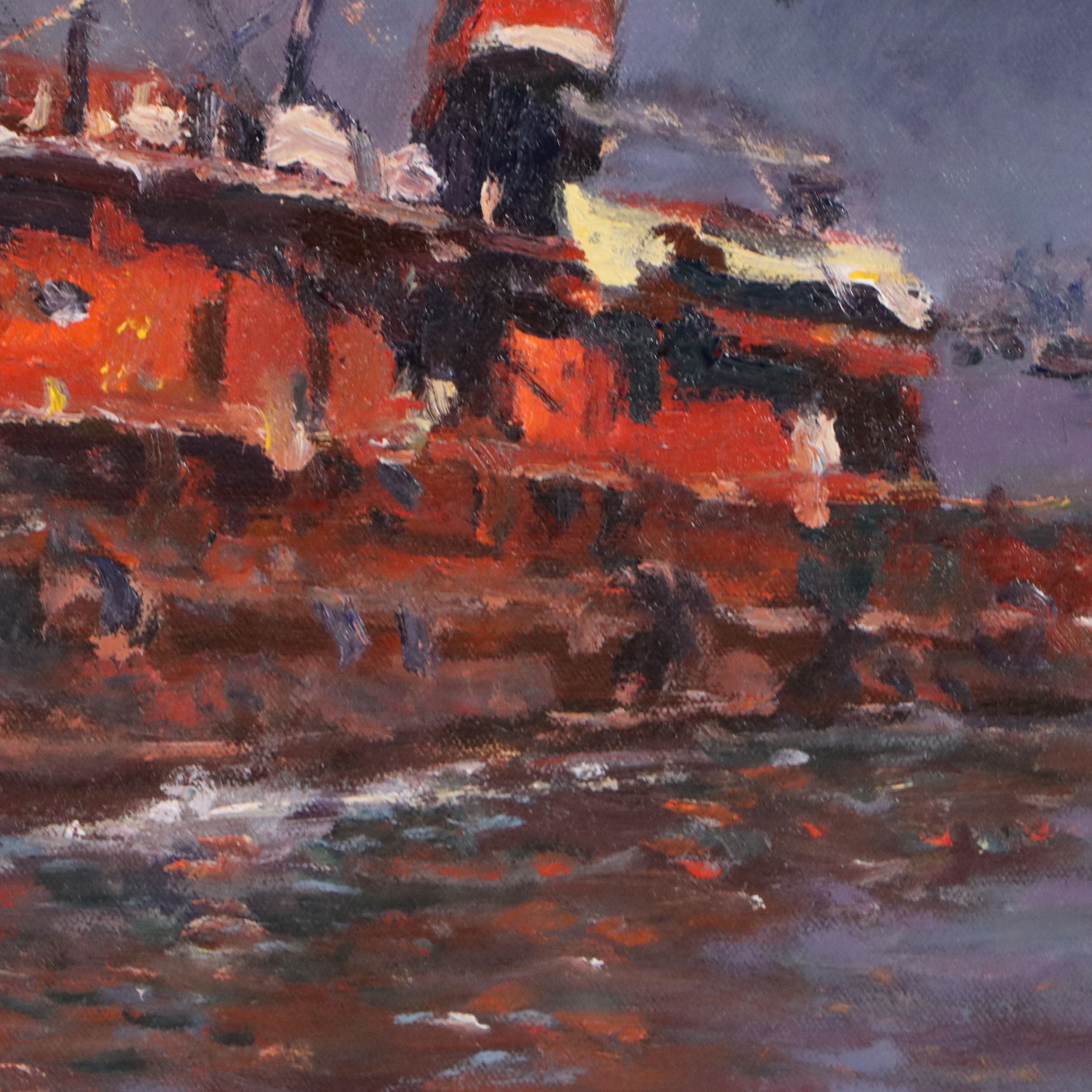 Robert Alan Waltsak Oil Painting of Harbor Scene with Steamboat, 20th Century