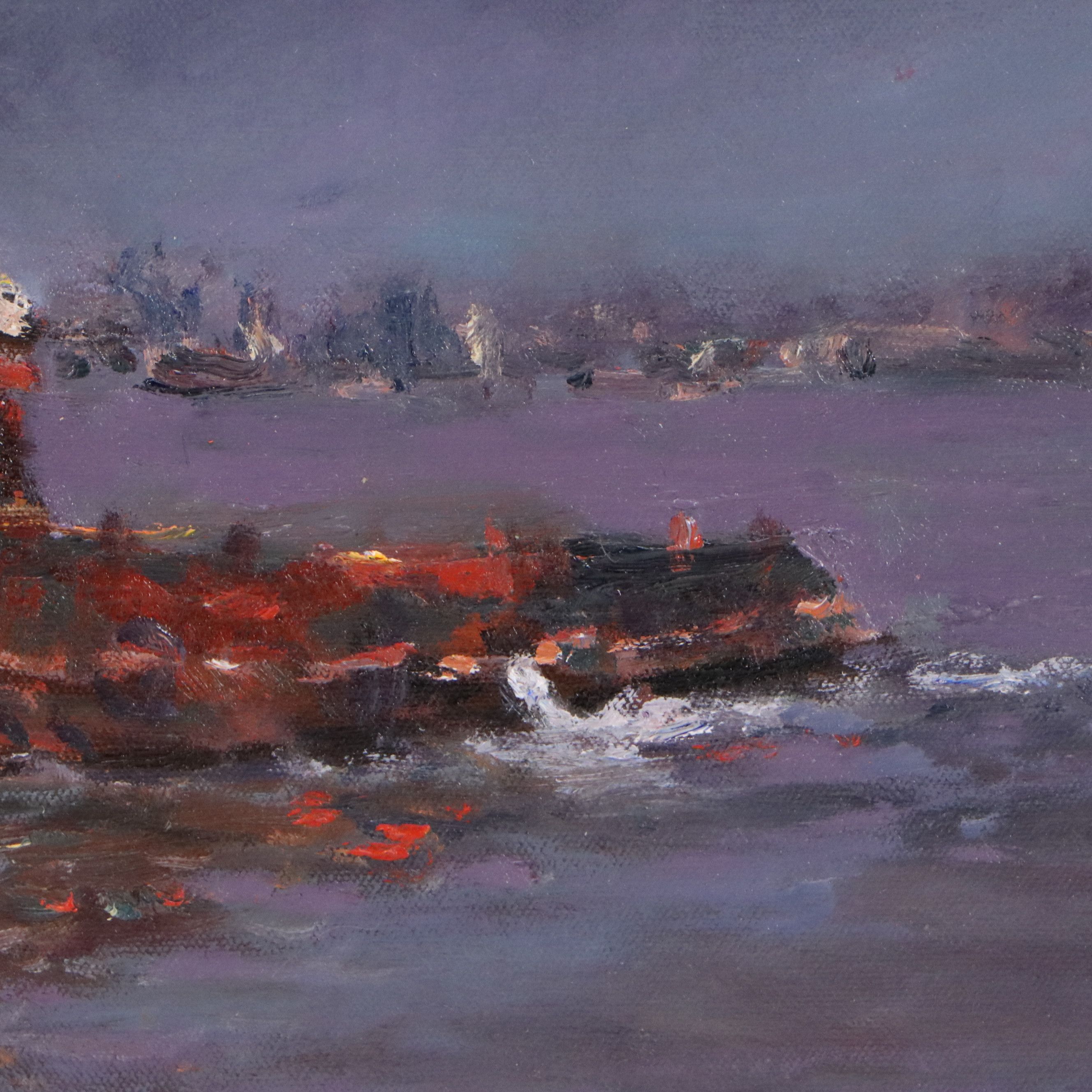 Robert Alan Waltsak Oil Painting of Harbor Scene with Steamboat, 20th Century