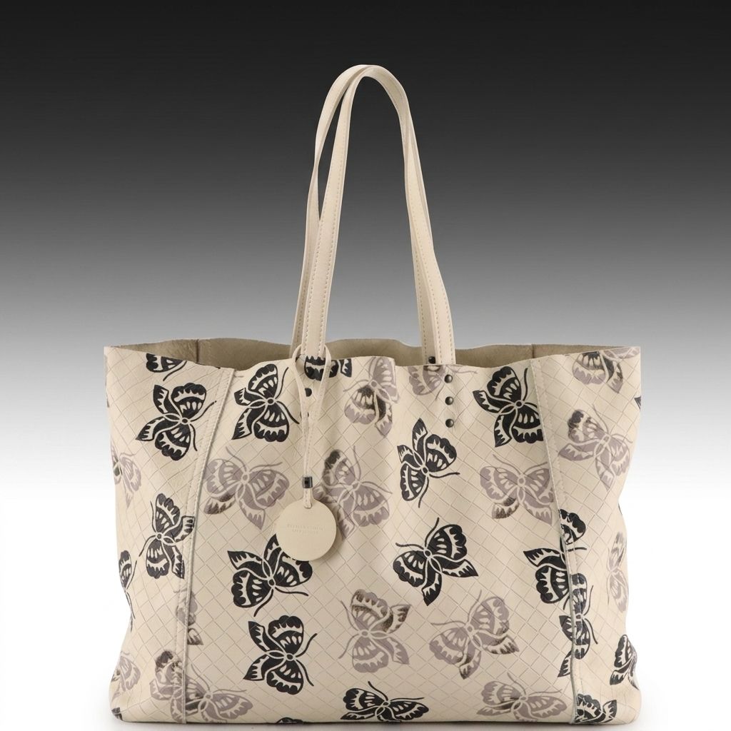 Bottega Veneta Shoulder Tote in Butterfly Printed Ivory Intreccio Mirage Leather
