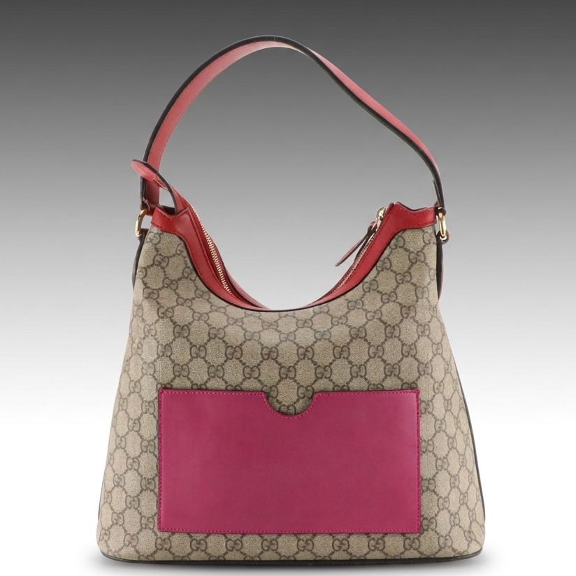 Gucci Hobo Shoulder Bag in GG Supreme Canvas with Red and Pink Calfskin Trim