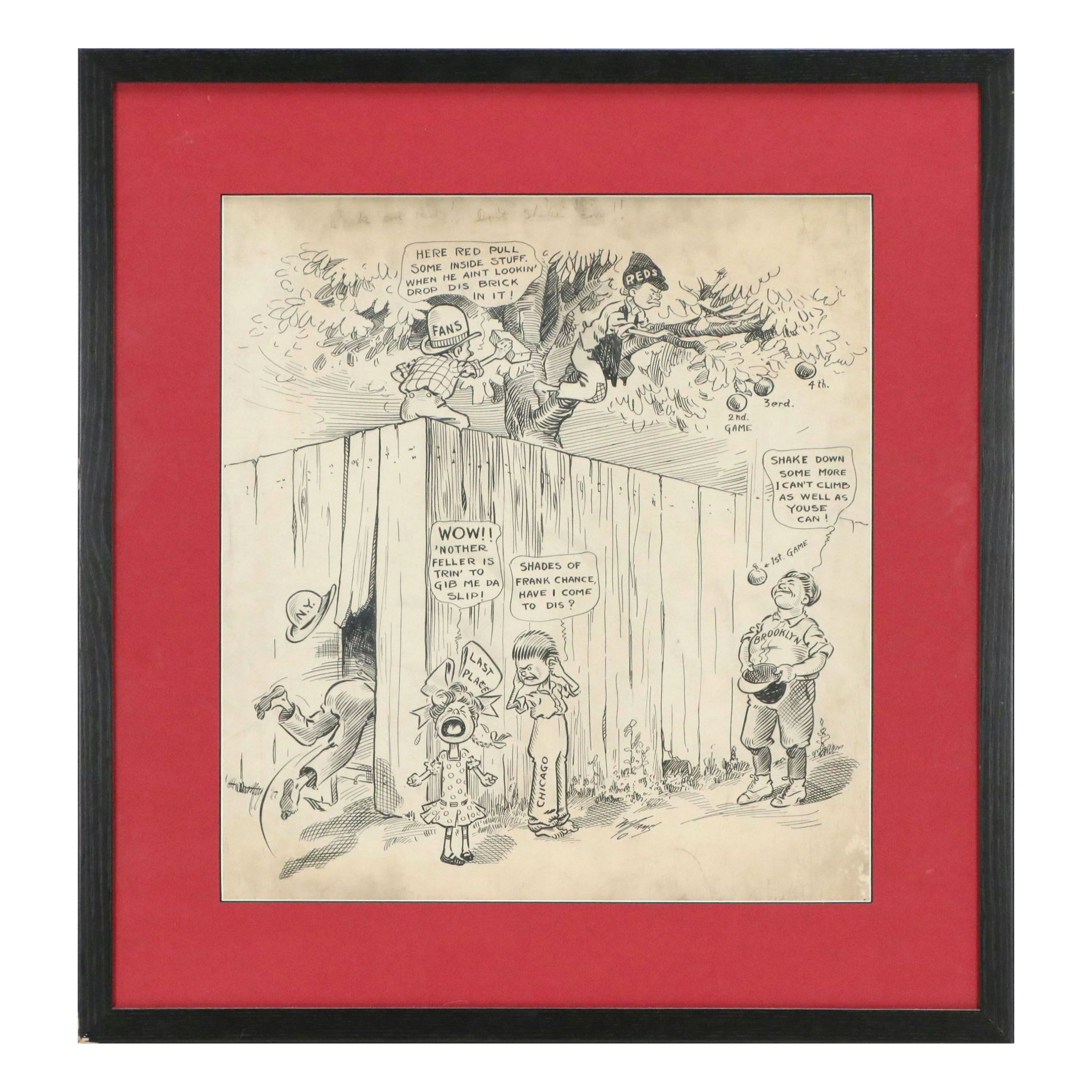 Reds Cartoon Ink Drawing "Puck 'em Red! Don't Shake 'em!," 20th Century