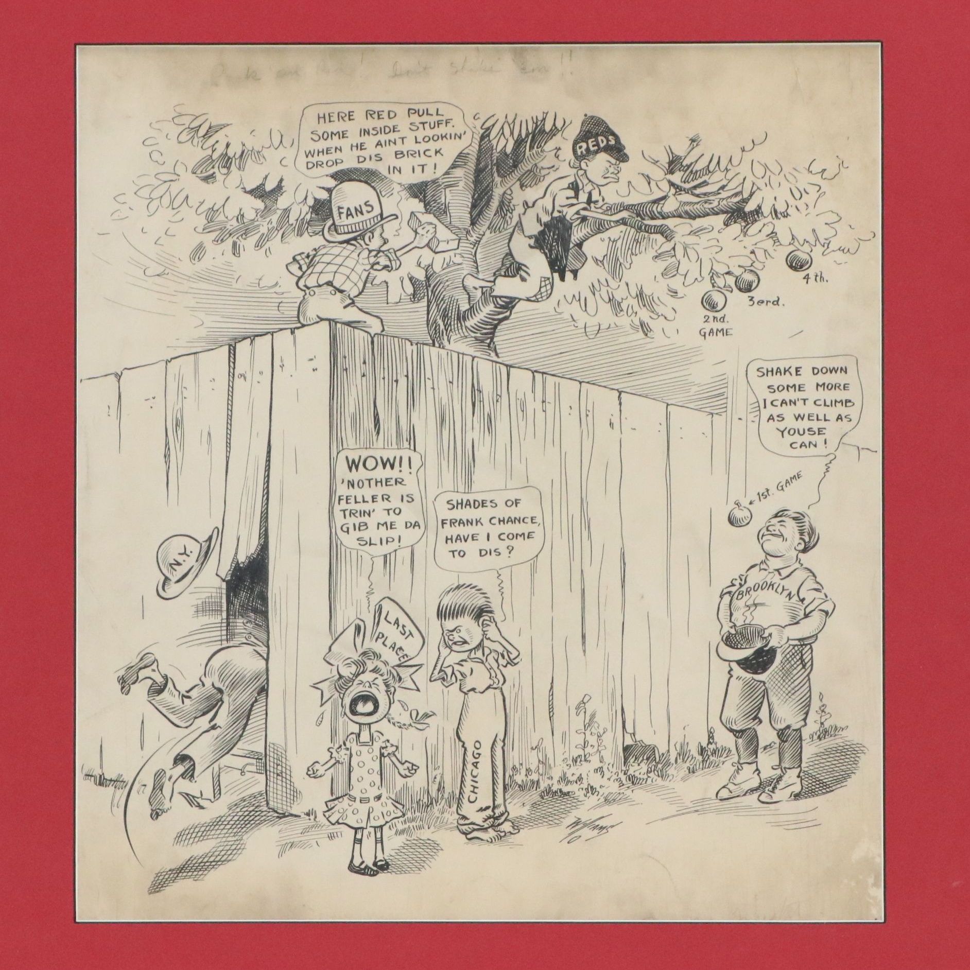 Reds Cartoon Ink Drawing "Puck 'em Red! Don't Shake 'em!," 20th Century