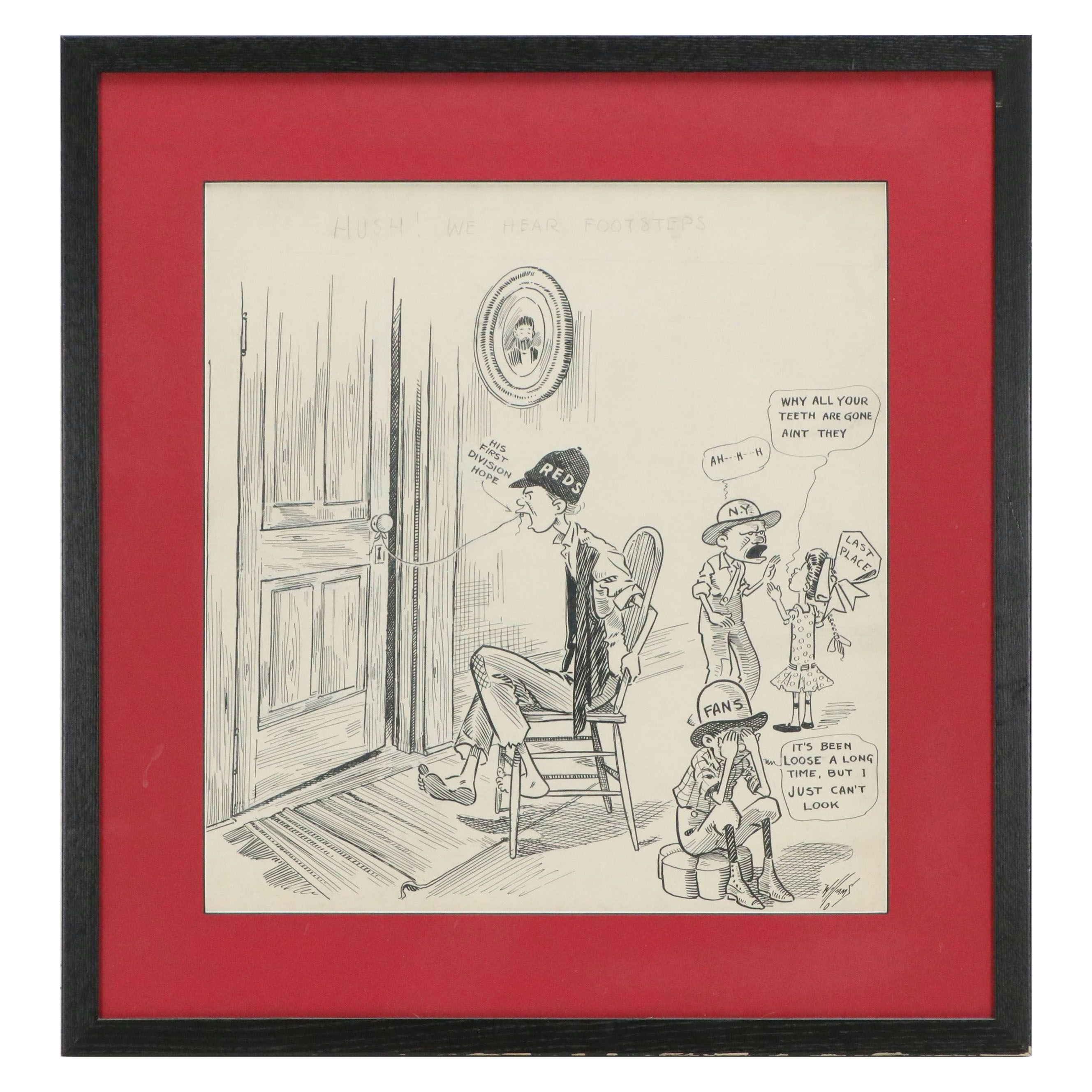 Reds Cartoon Ink Drawing "Hush! We Hear Footsteps," 20th century