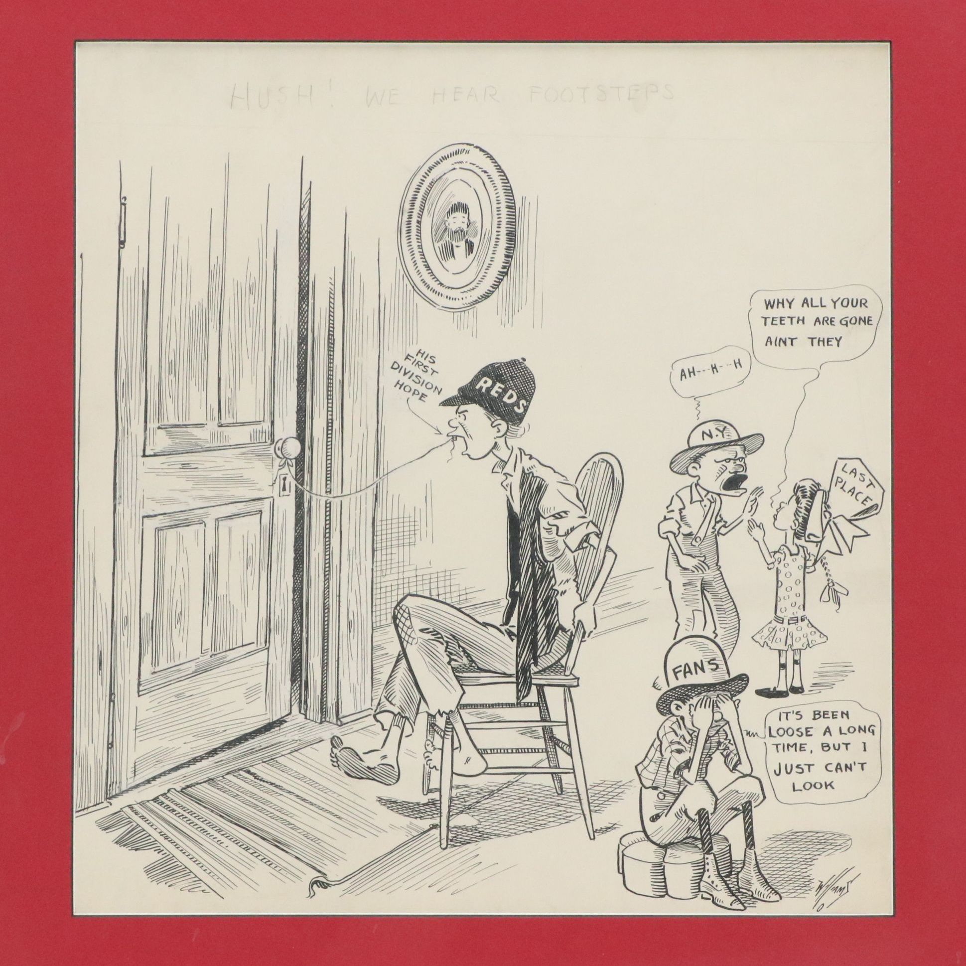 Reds Cartoon Ink Drawing "Hush! We Hear Footsteps," 20th century