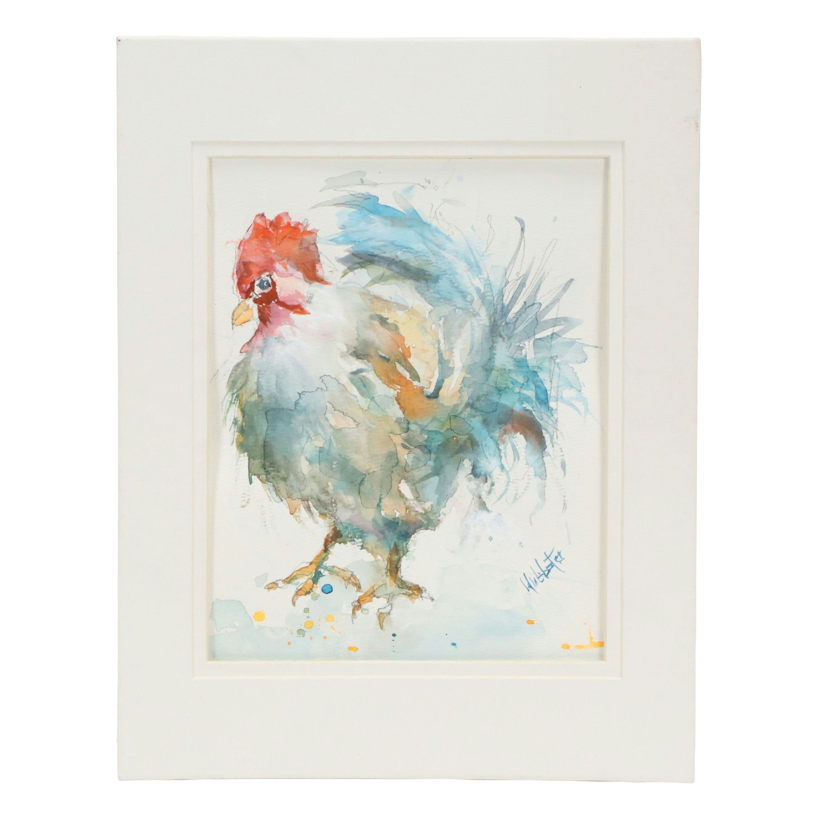 Watercolor and Graphite Painting of Rooster, 21 Century