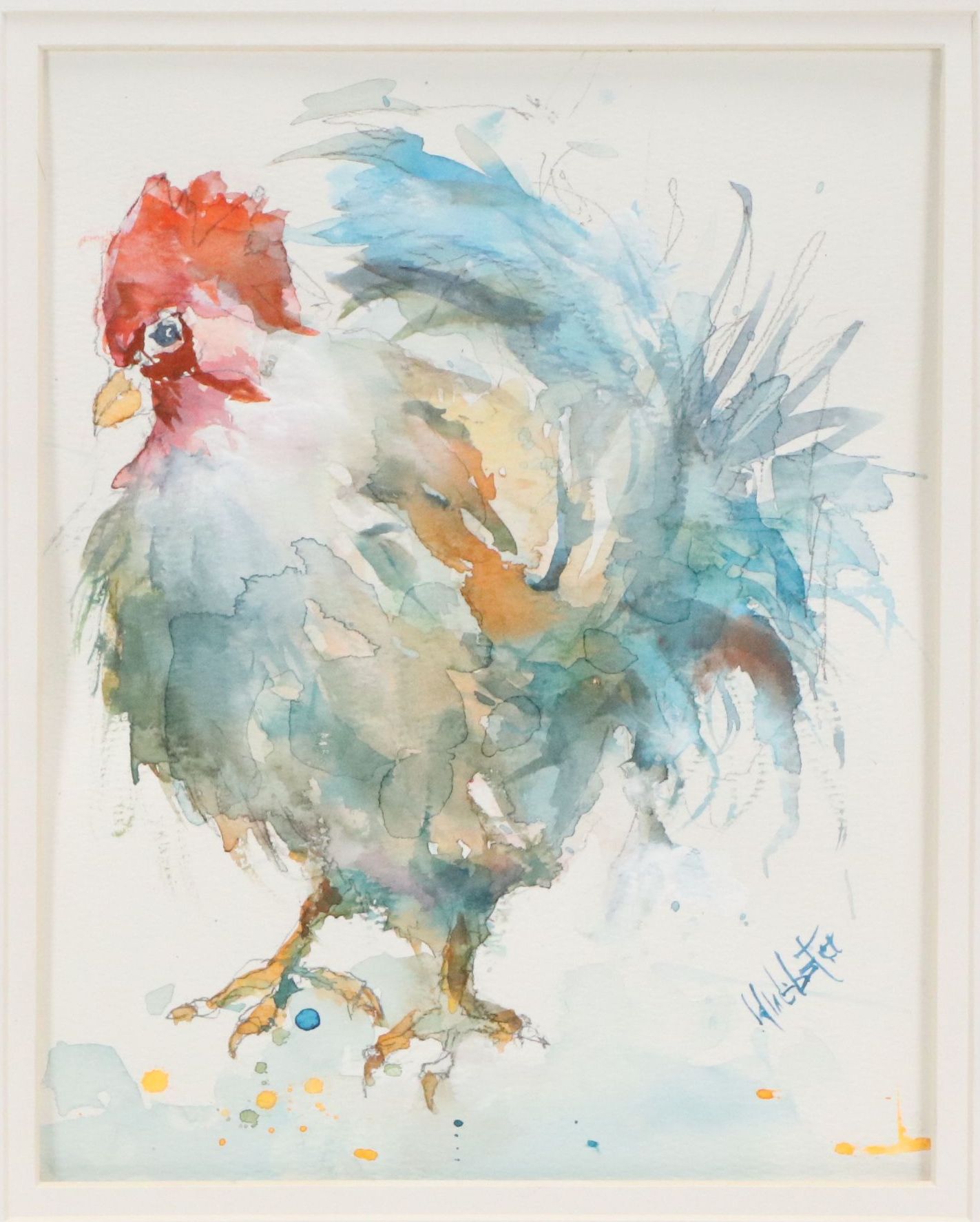 Watercolor and Graphite Painting of Rooster, 21 Century