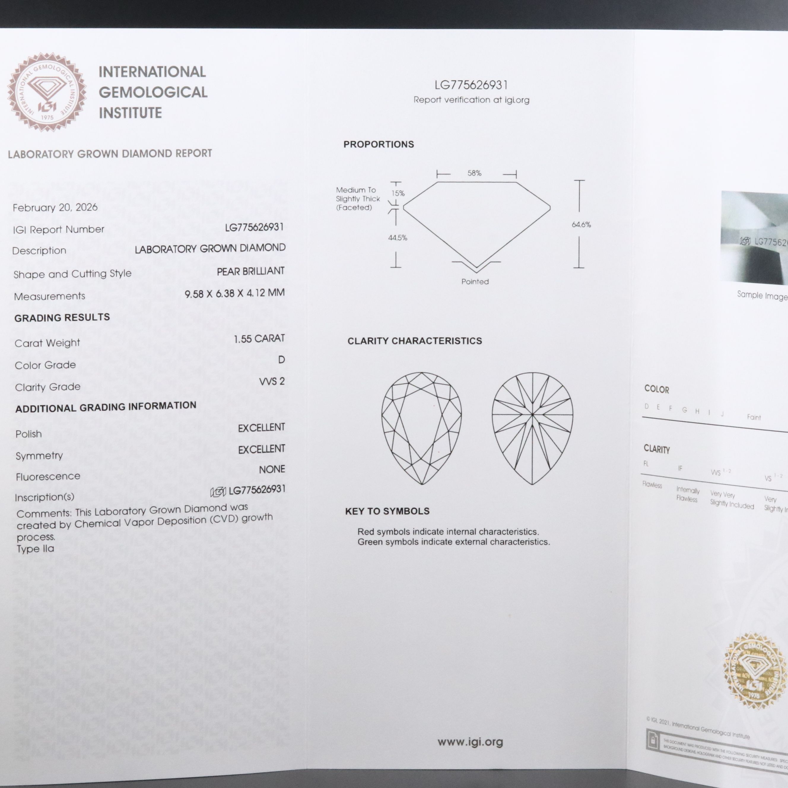 Loose 1.55 CT Lab Grown Diamond with IGI Report