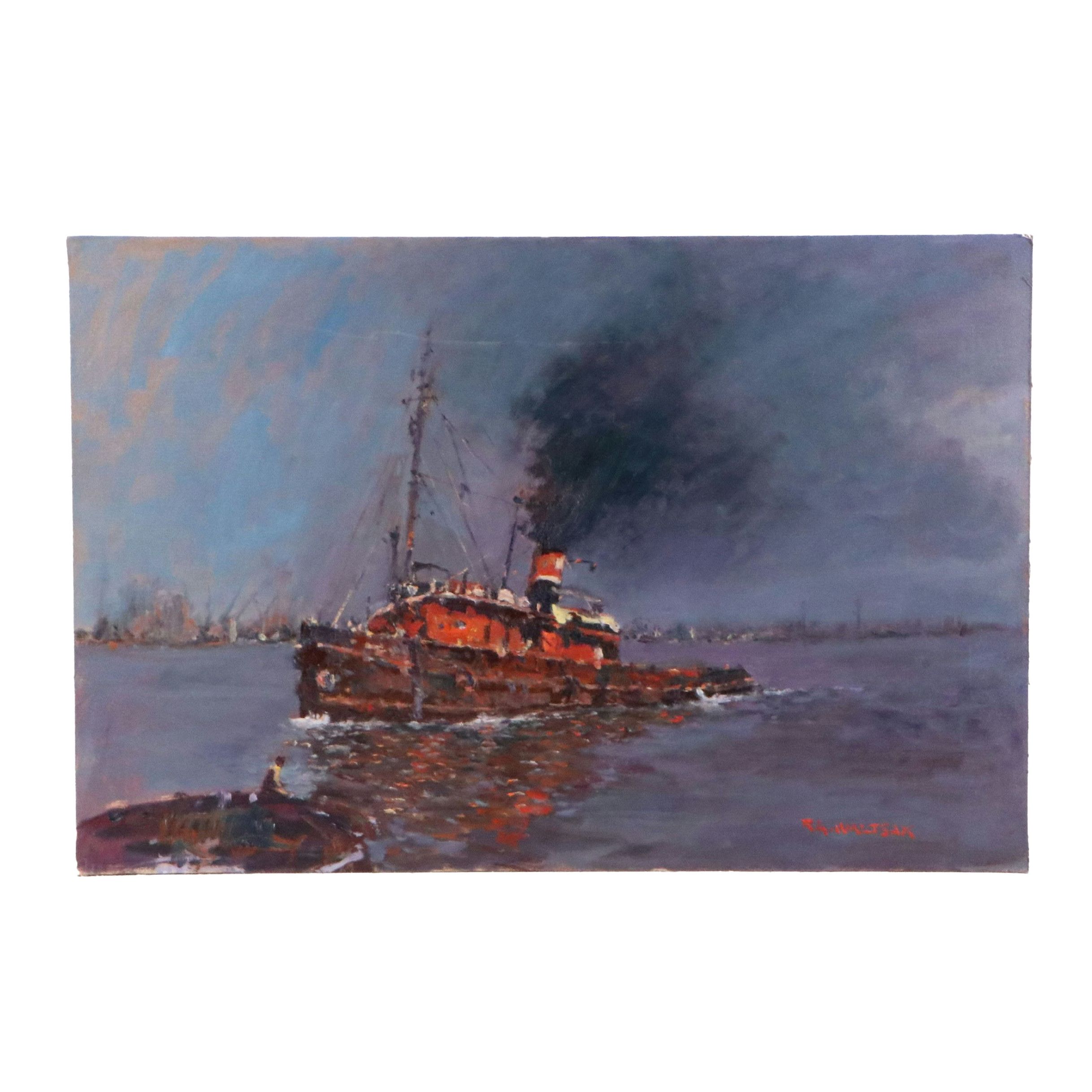Robert Alan Waltsak Oil Painting of Harbor Scene with Steamboat, 20th Century