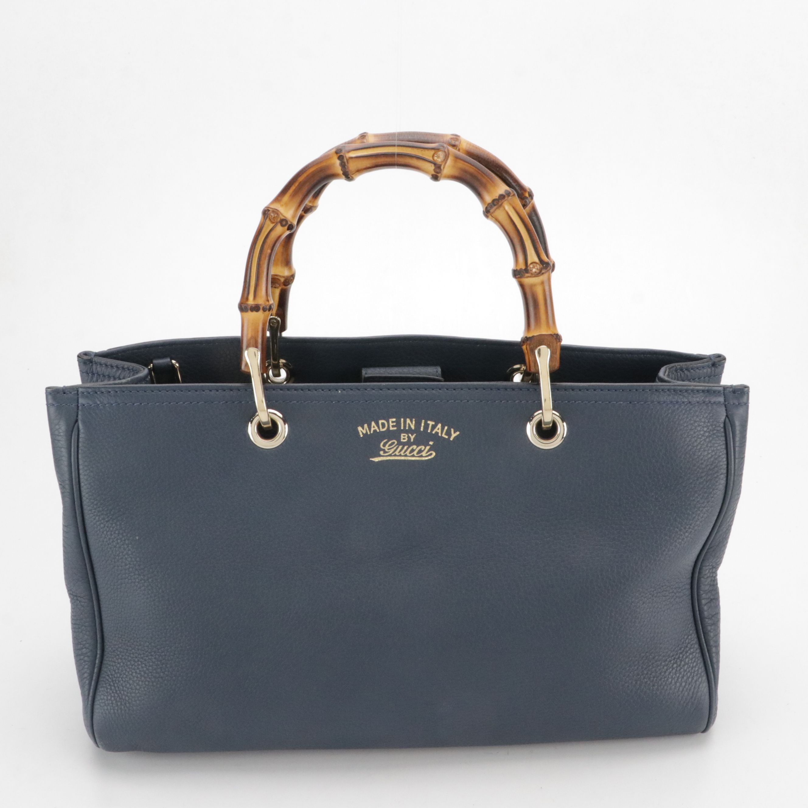 Gucci Bamboo Handle Two-Way Shopper Tote in Navy Blue Grained Calfskin Leather
