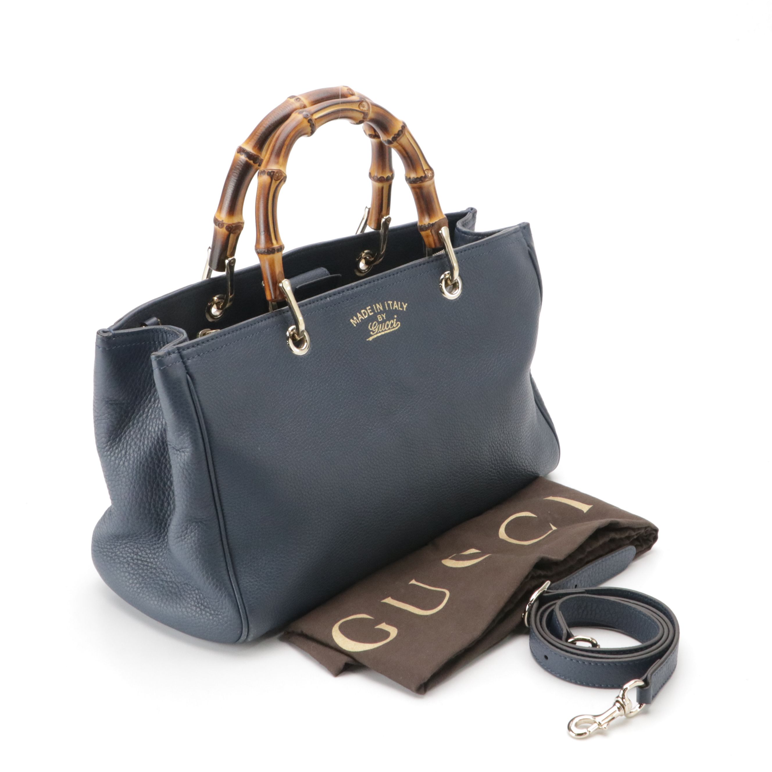 Gucci Bamboo Handle Two-Way Shopper Tote in Navy Blue Grained Calfskin Leather