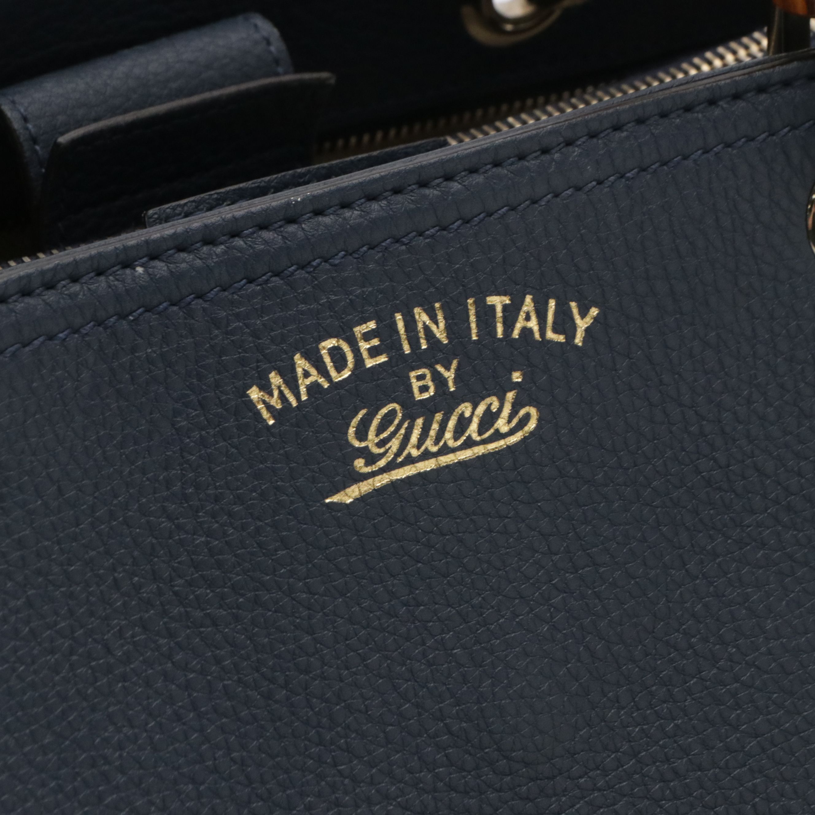 Gucci Bamboo Handle Two-Way Shopper Tote in Navy Blue Grained Calfskin Leather