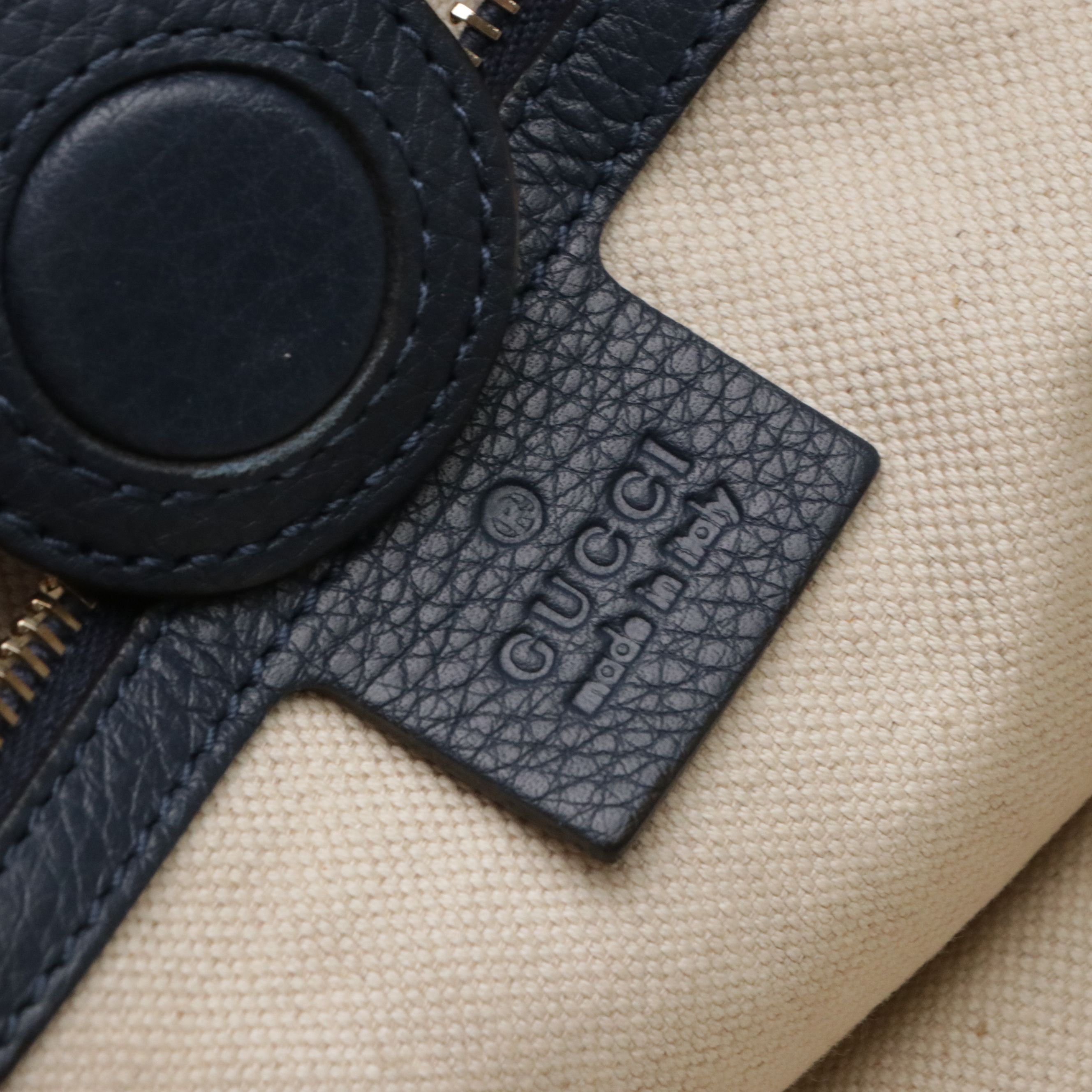 Gucci Bamboo Handle Two-Way Shopper Tote in Navy Blue Grained Calfskin Leather