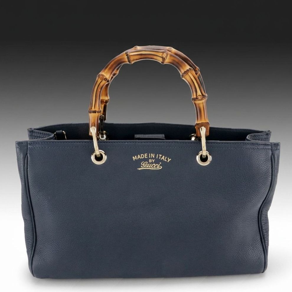 Gucci Bamboo Handle Two-Way Shopper Tote in Navy Blue Grained Calfskin Leather