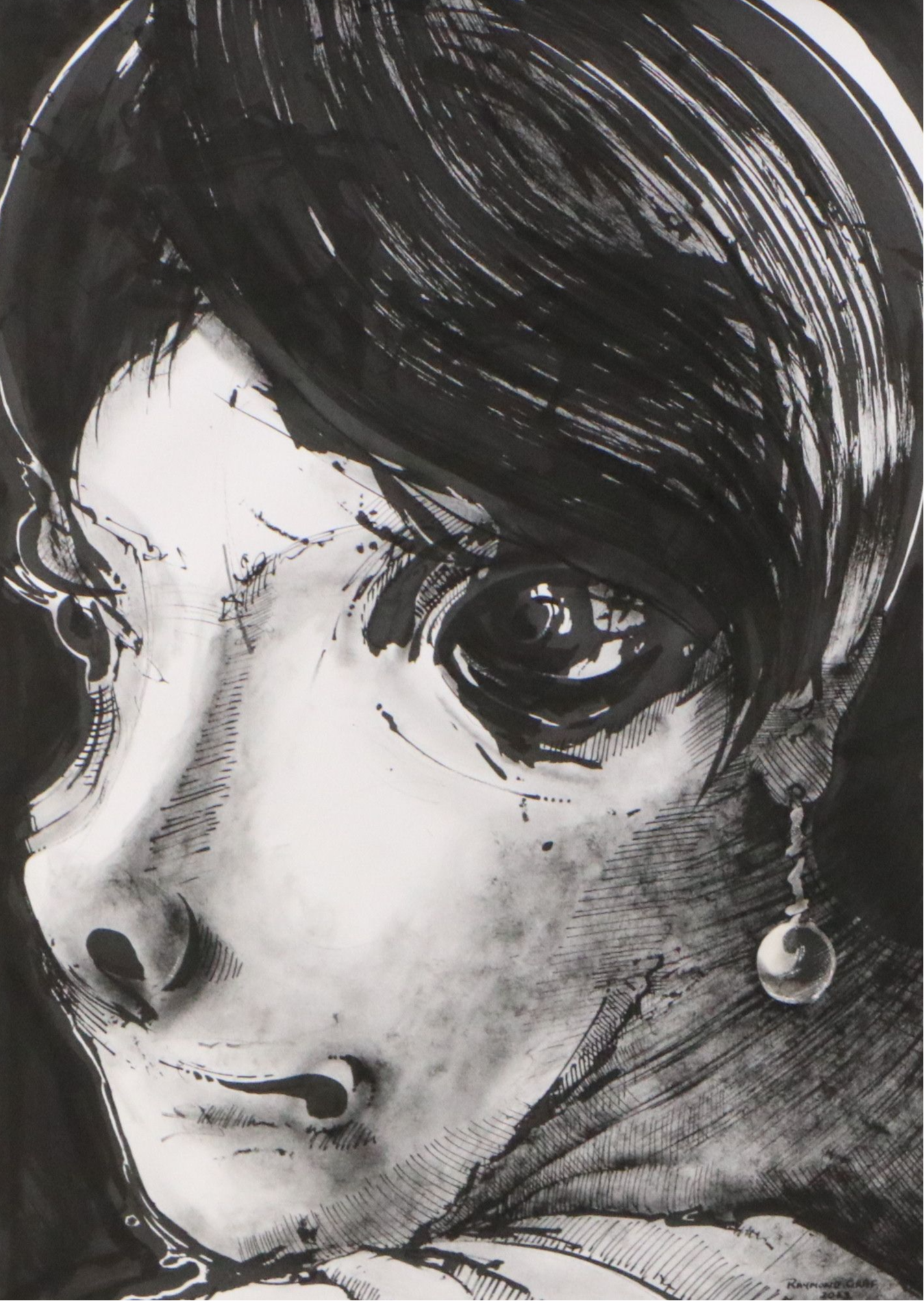 Raymond Graf Ink Wash Drawing "Girl with the Pearl," 2023