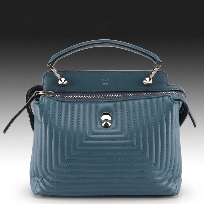 Fendi Small DotCom Satchel Bag in Blue Quilted Lambskin Leather