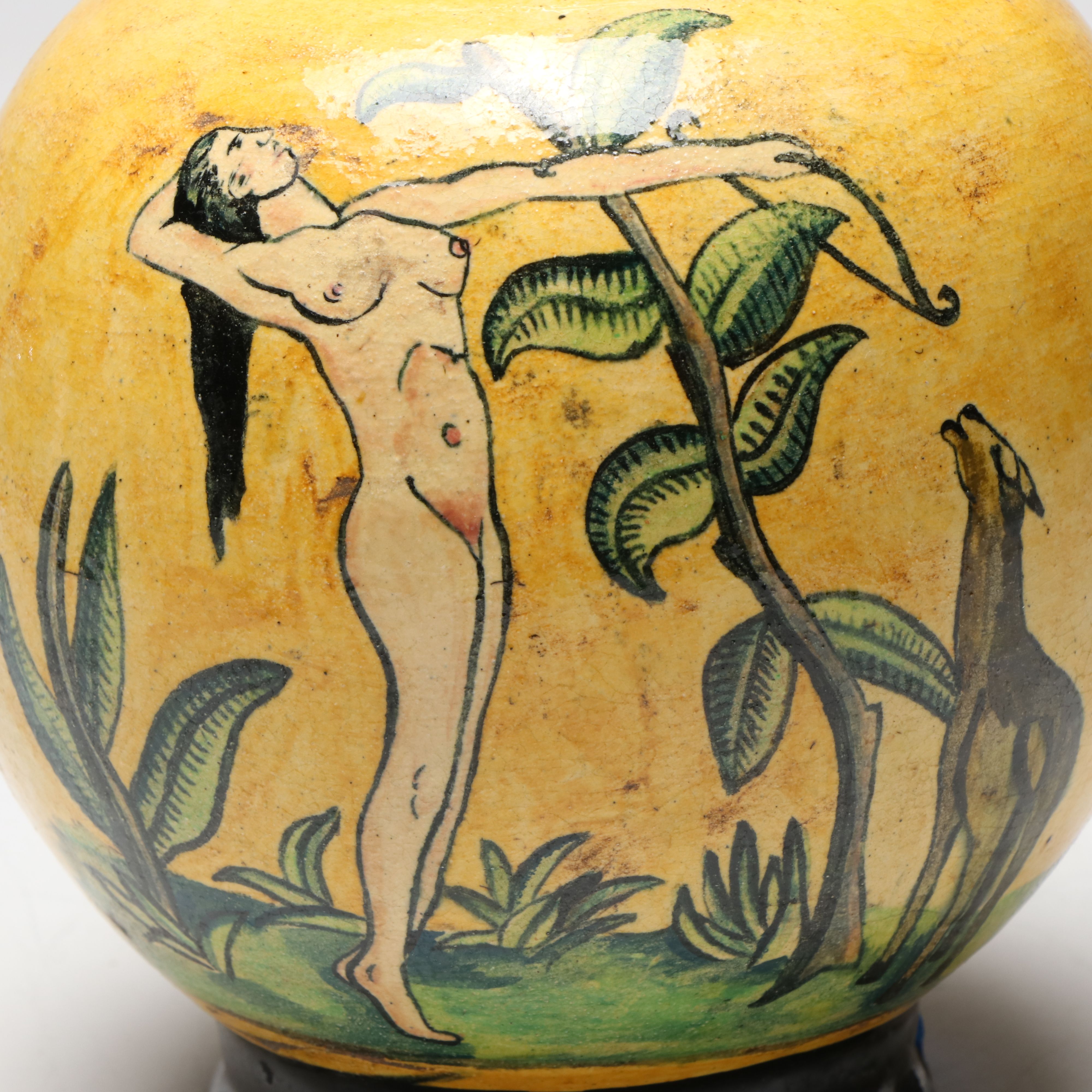 Art Deco Majolica Style Nude Figure Ceramic Vase