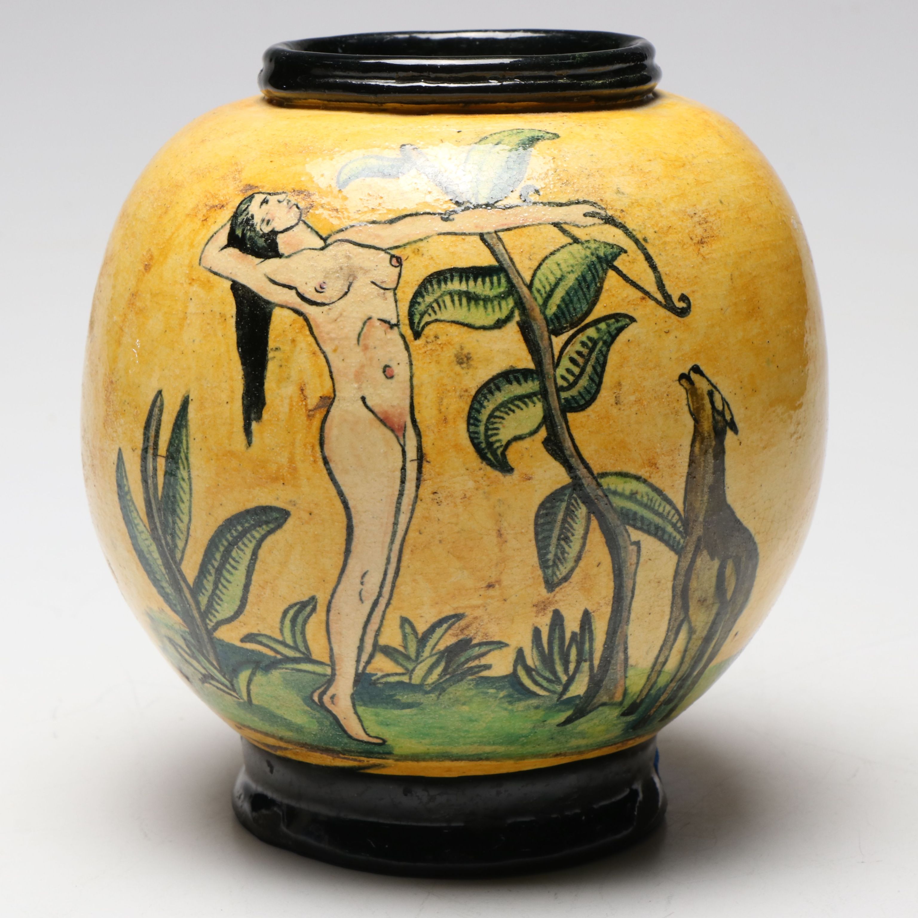 Art Deco Majolica Style Nude Figure Ceramic Vase