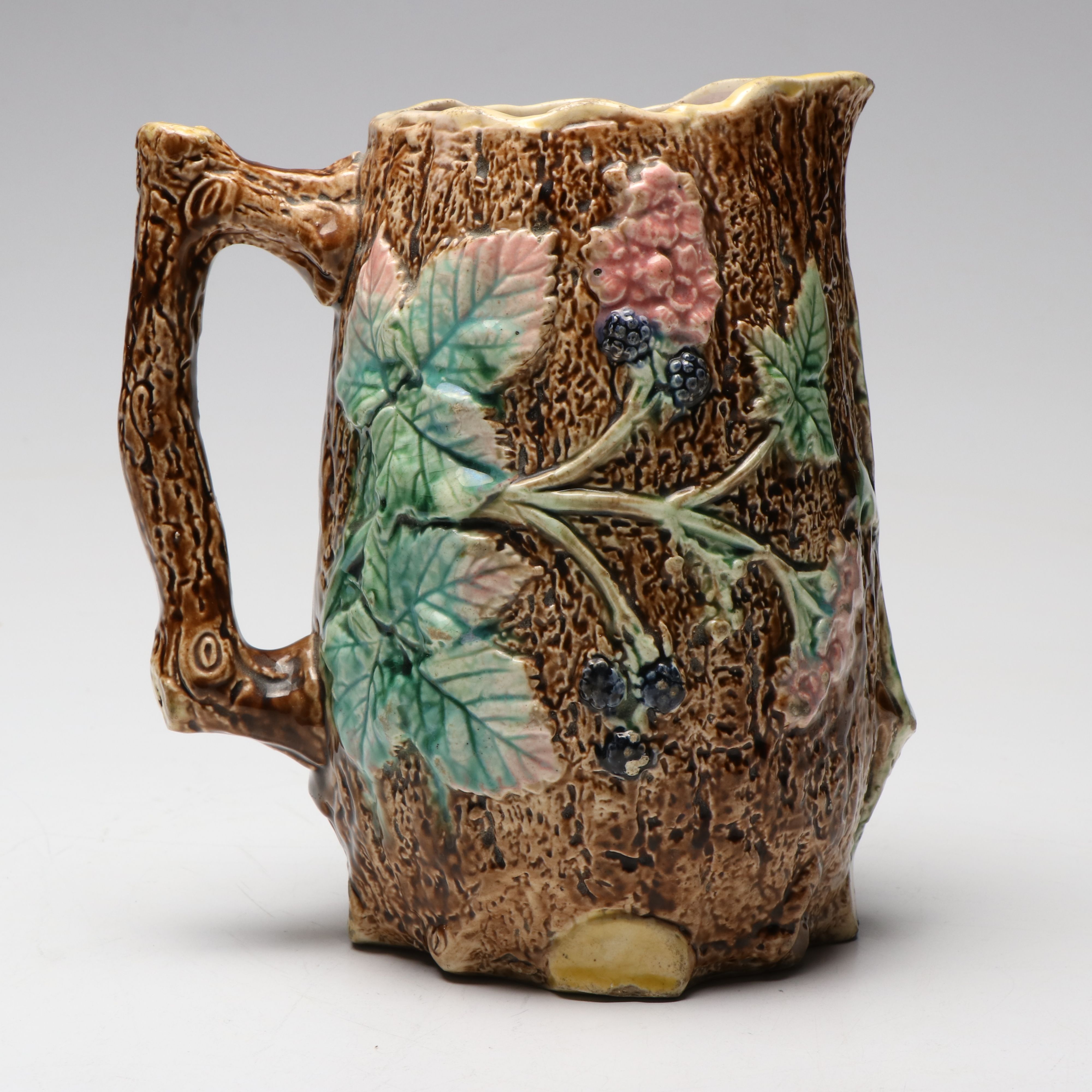 European Majolica Vegetal Faux Bois Pitcher