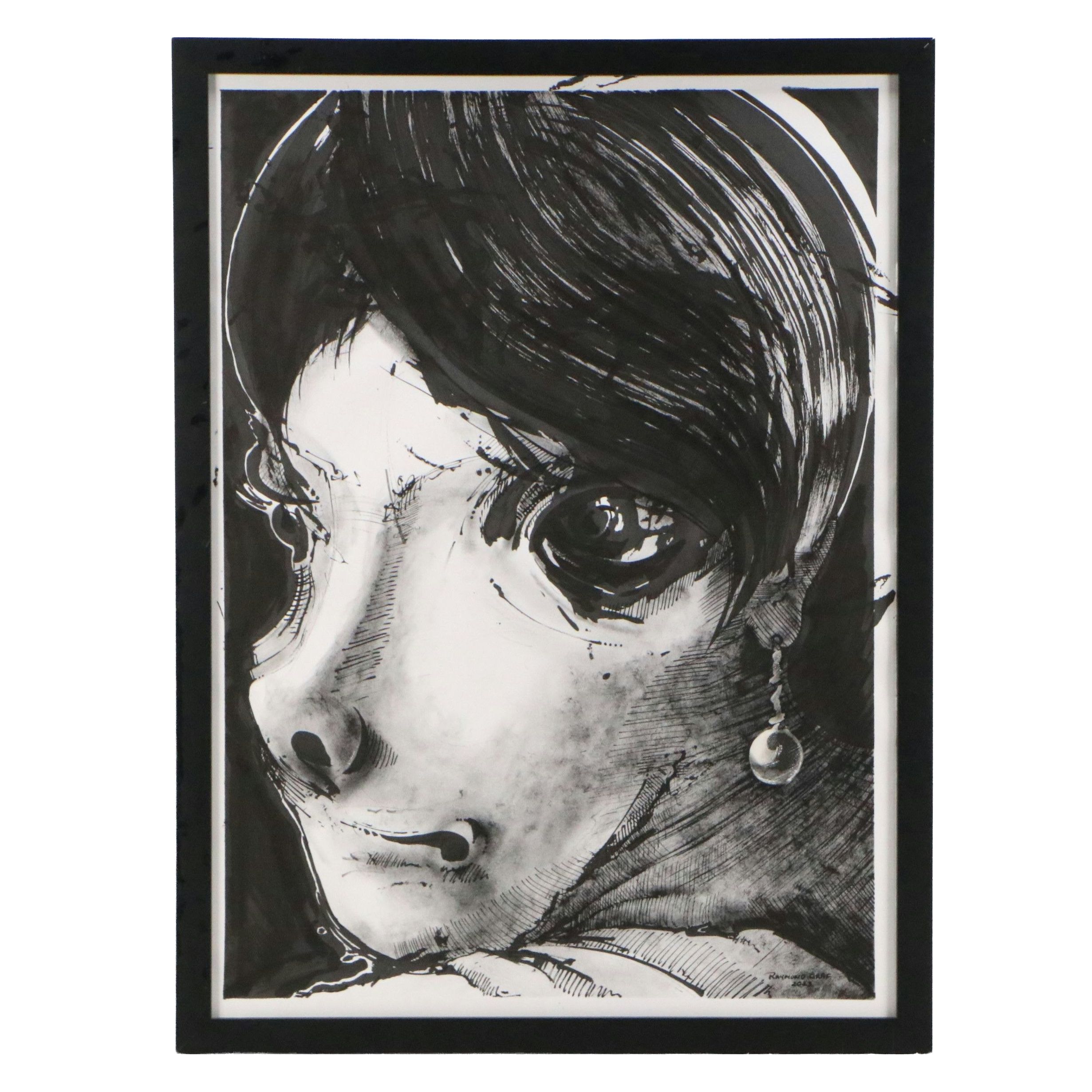 Raymond Graf Ink Wash Drawing "Girl with the Pearl," 2023