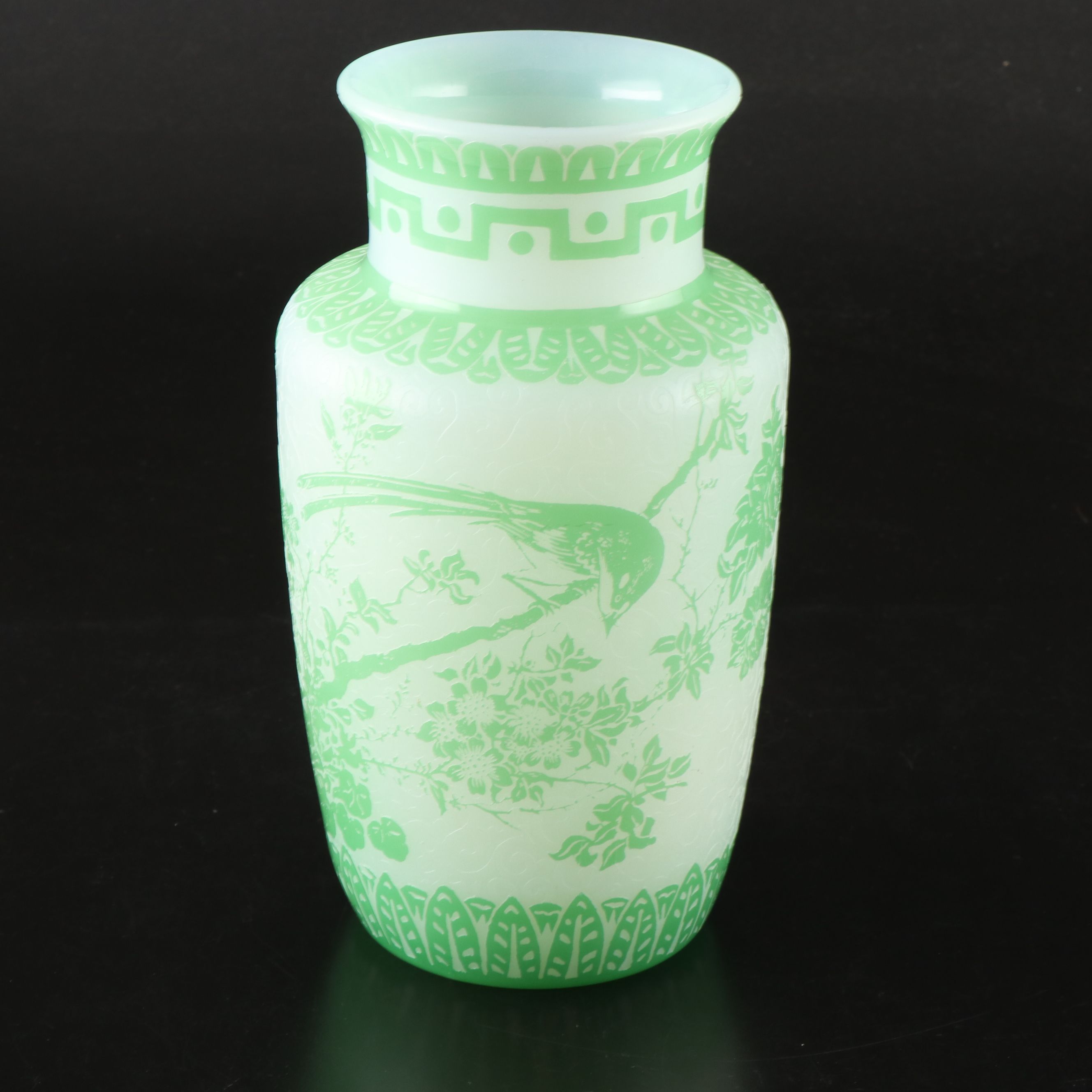 Steuben Style Green Cameo Cut and Etched Botanical Glass Vase
