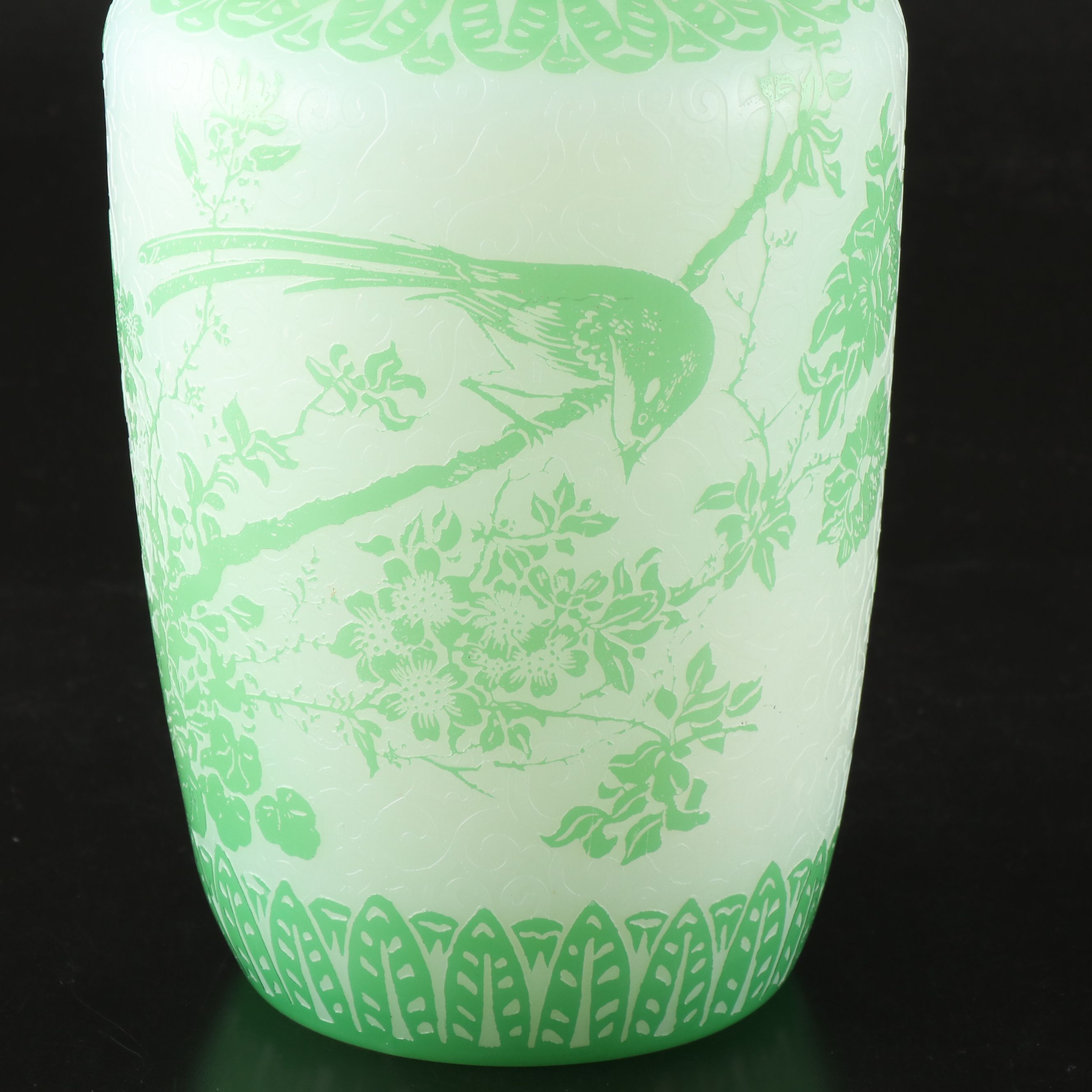 Steuben Style Green Cameo Cut and Etched Botanical Glass Vase