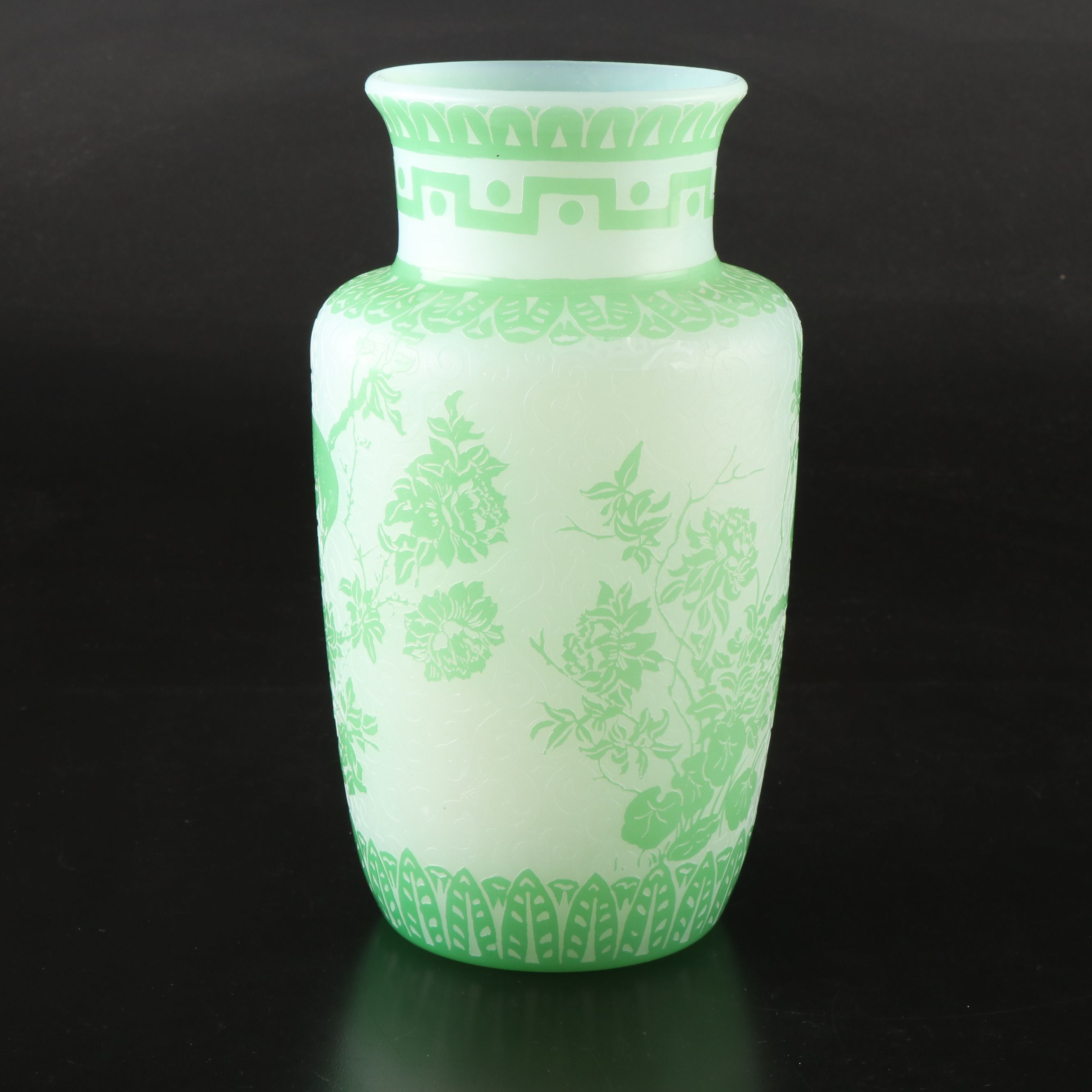 Steuben Style Green Cameo Cut and Etched Botanical Glass Vase