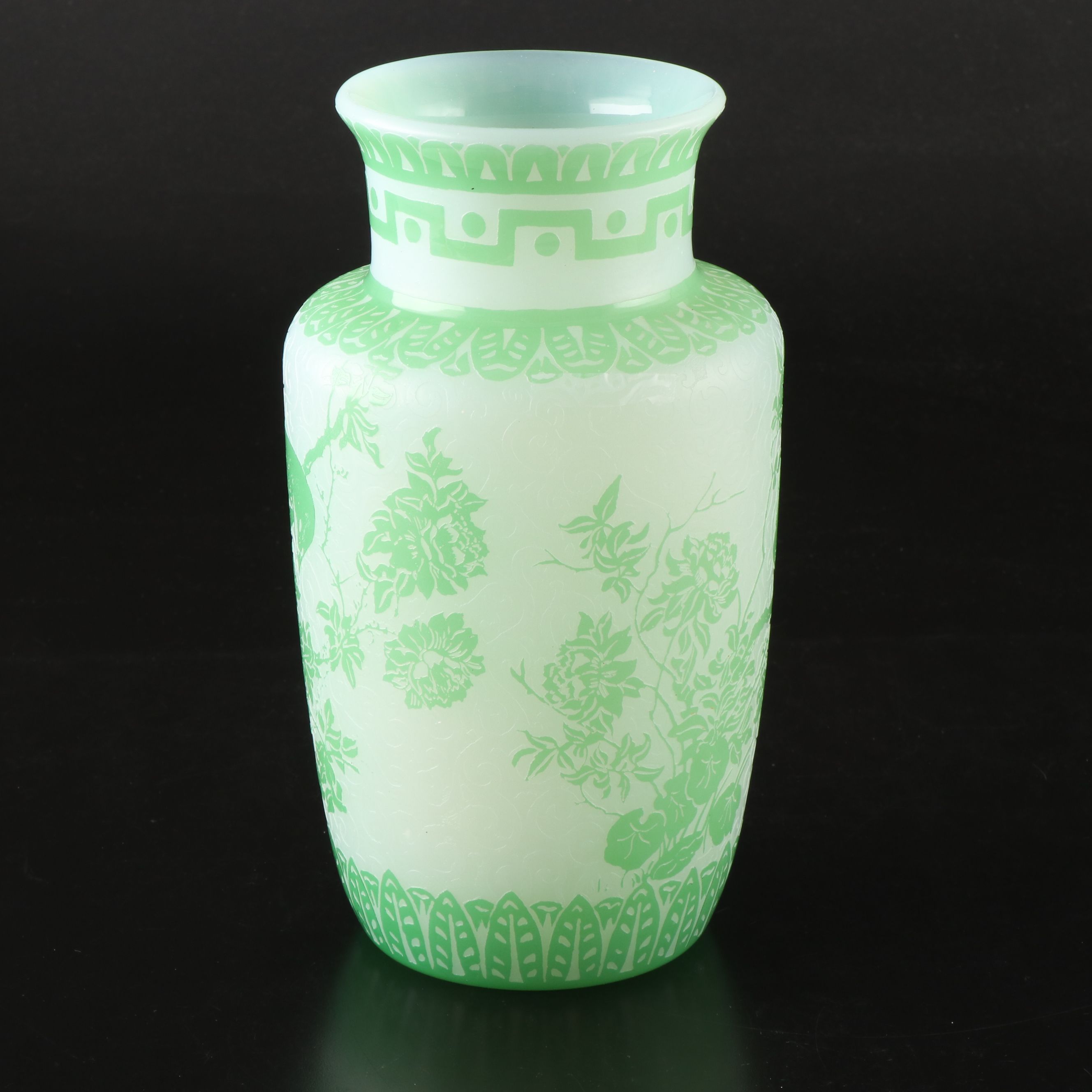Steuben Style Green Cameo Cut and Etched Botanical Glass Vase