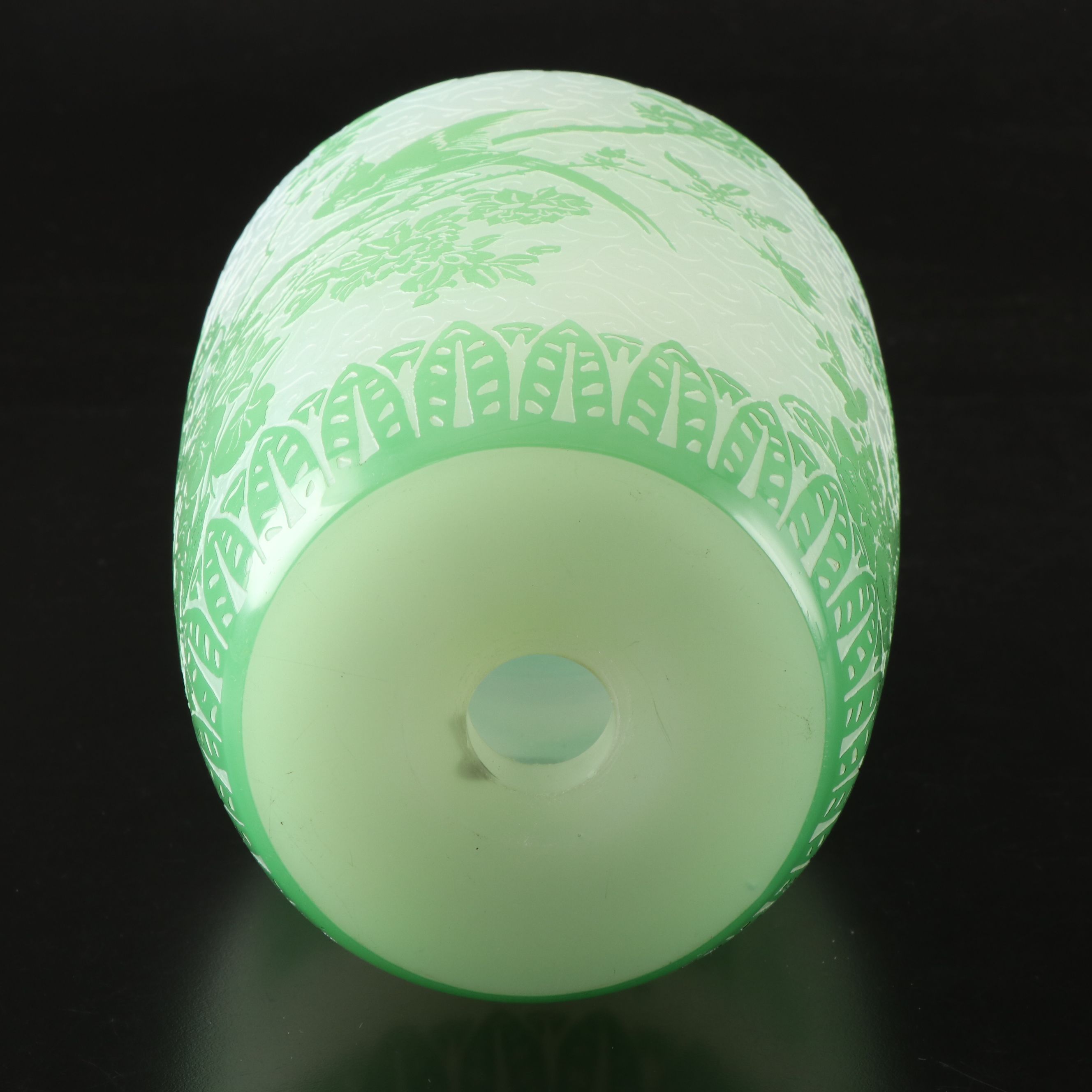 Steuben Style Green Cameo Cut and Etched Botanical Glass Vase