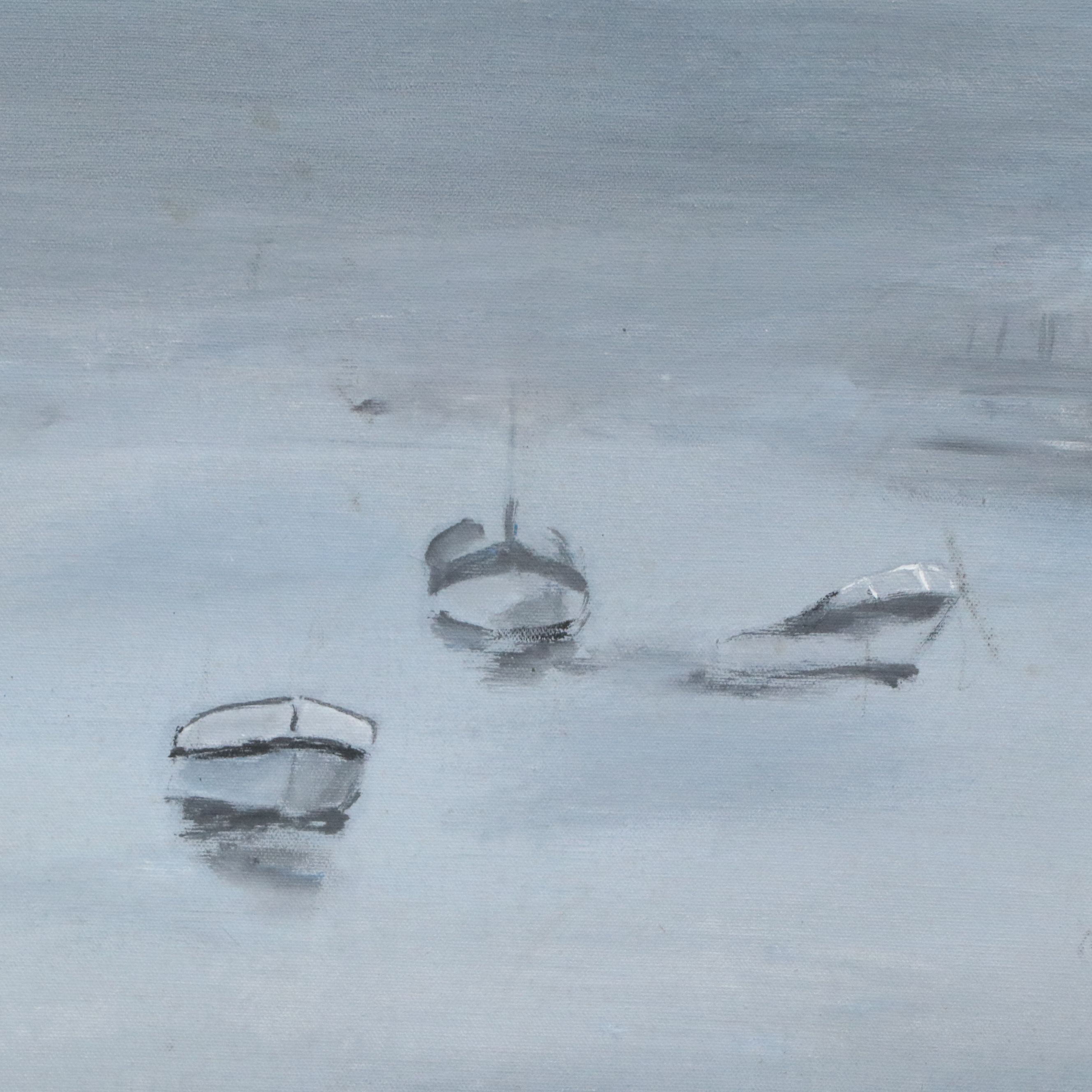 Acrylic Painting of Gloomy Harbor, Circa Late 20th Century