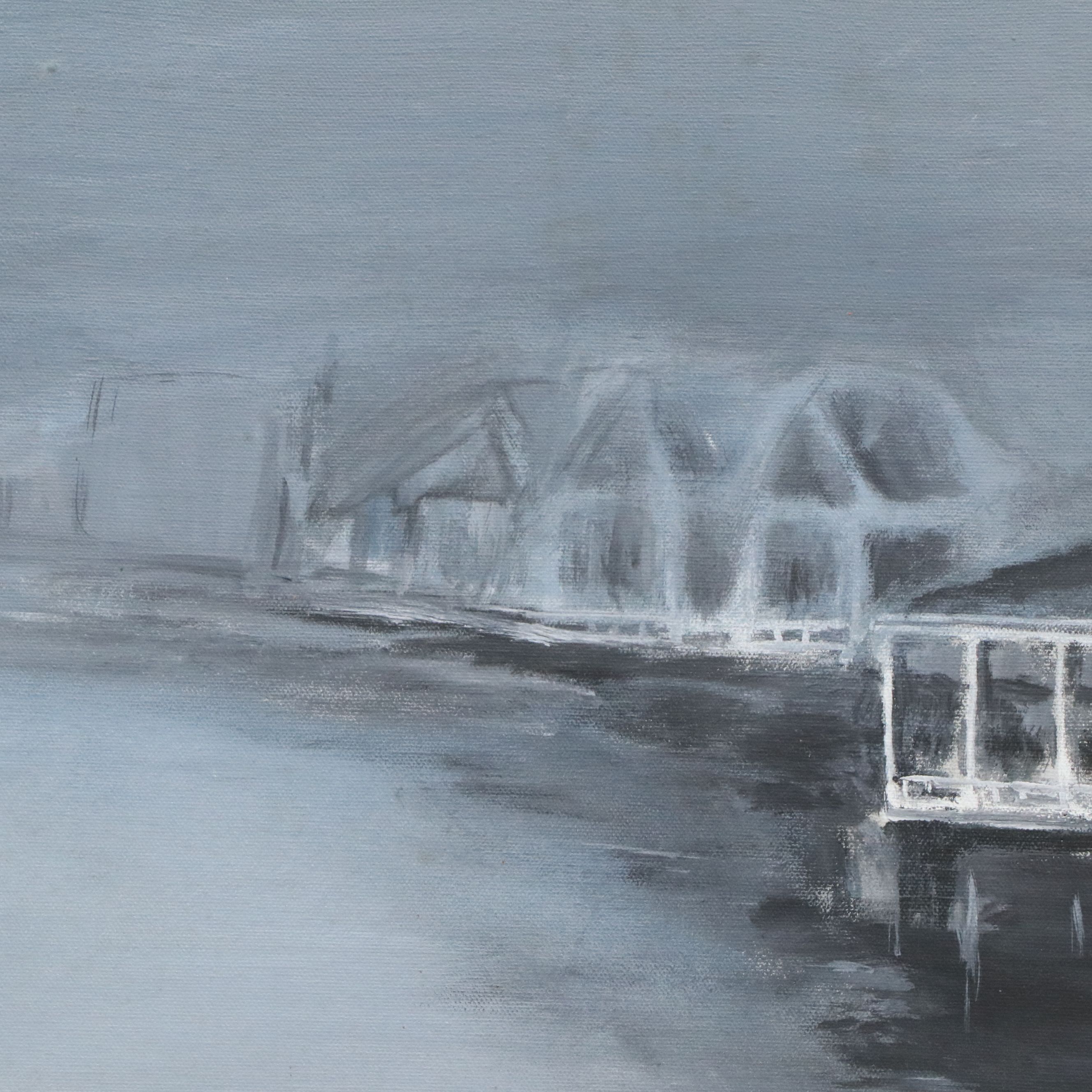 Acrylic Painting of Gloomy Harbor, Circa Late 20th Century