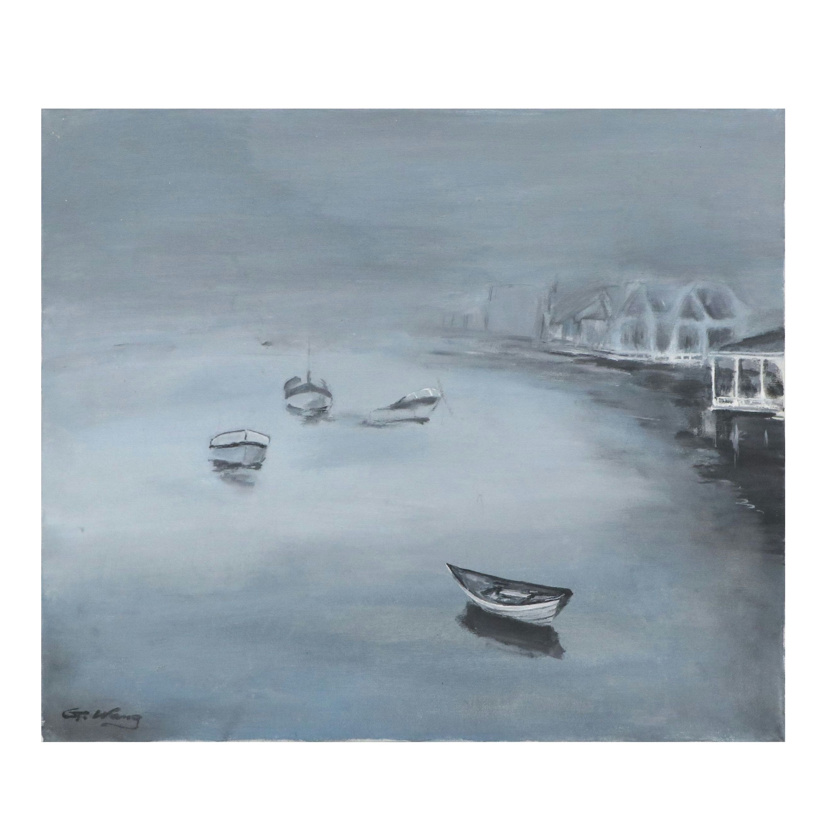 Acrylic Painting of Gloomy Harbor, Circa Late 20th Century
