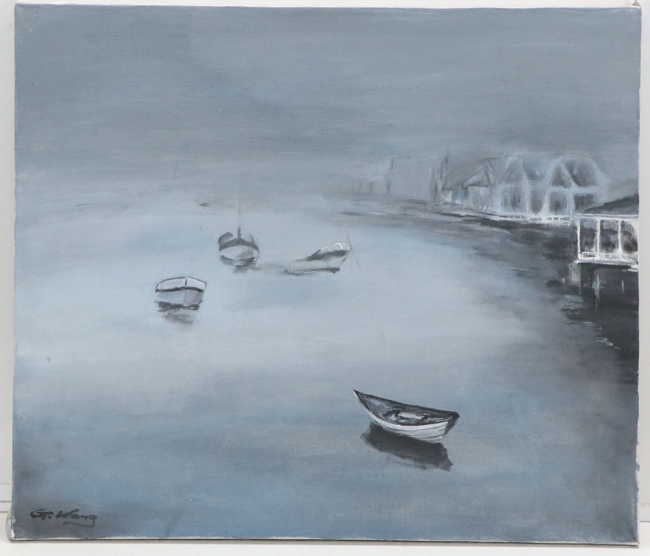 Acrylic Painting of Gloomy Harbor, Circa Late 20th Century