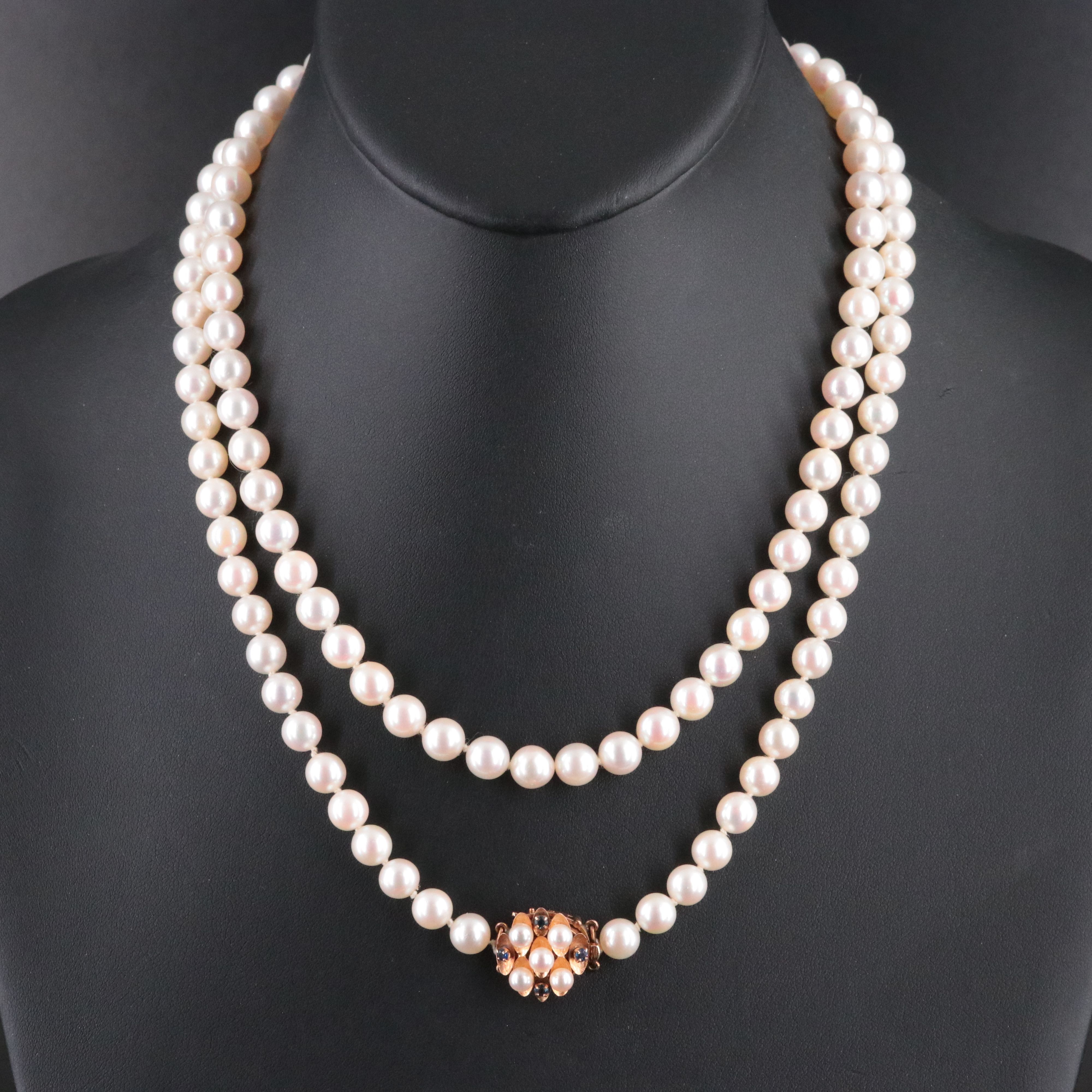 Opera Length Pearl Necklace with a 14K Pearl and Sapphire Accented Clasp