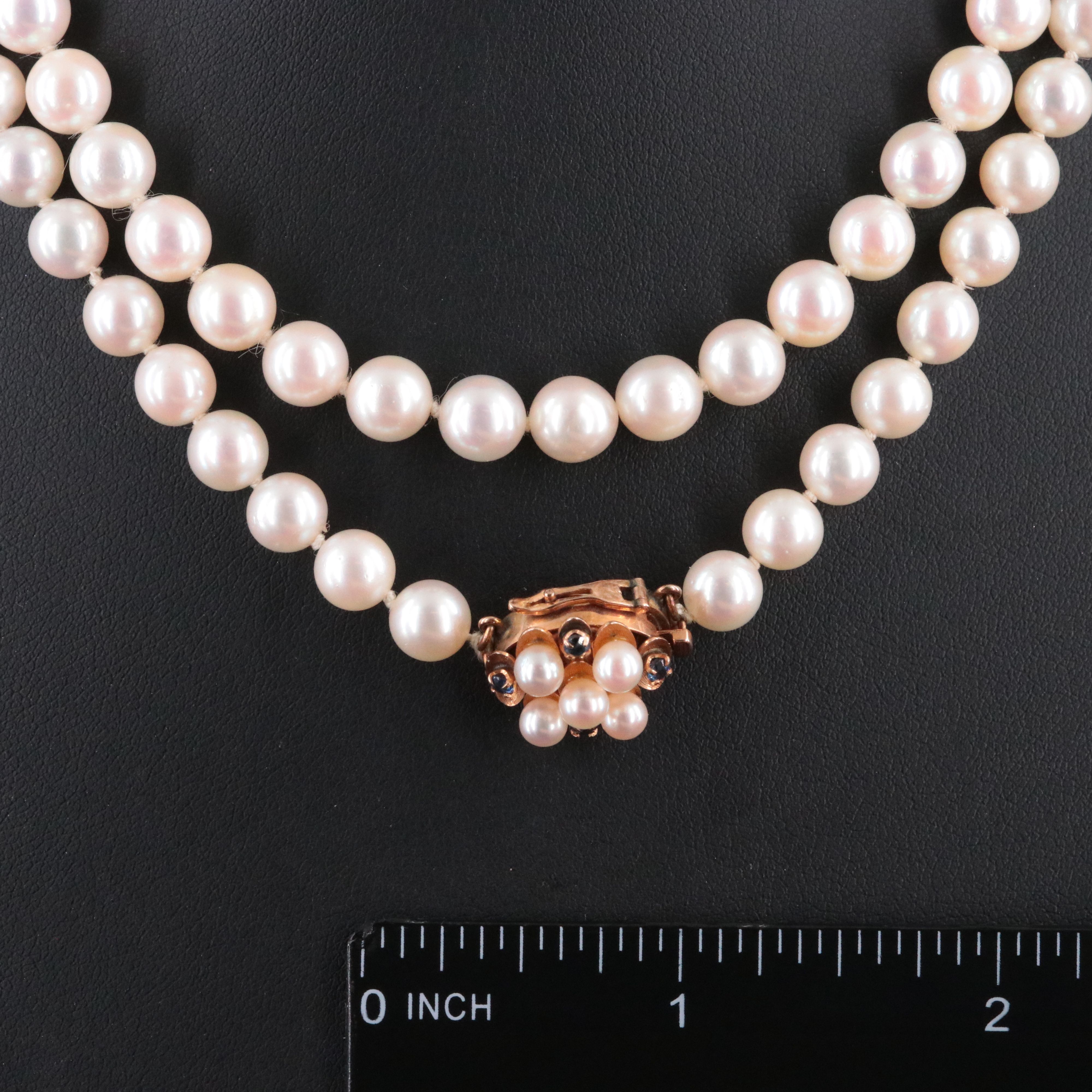 Opera Length Pearl Necklace with a 14K Pearl and Sapphire Accented Clasp