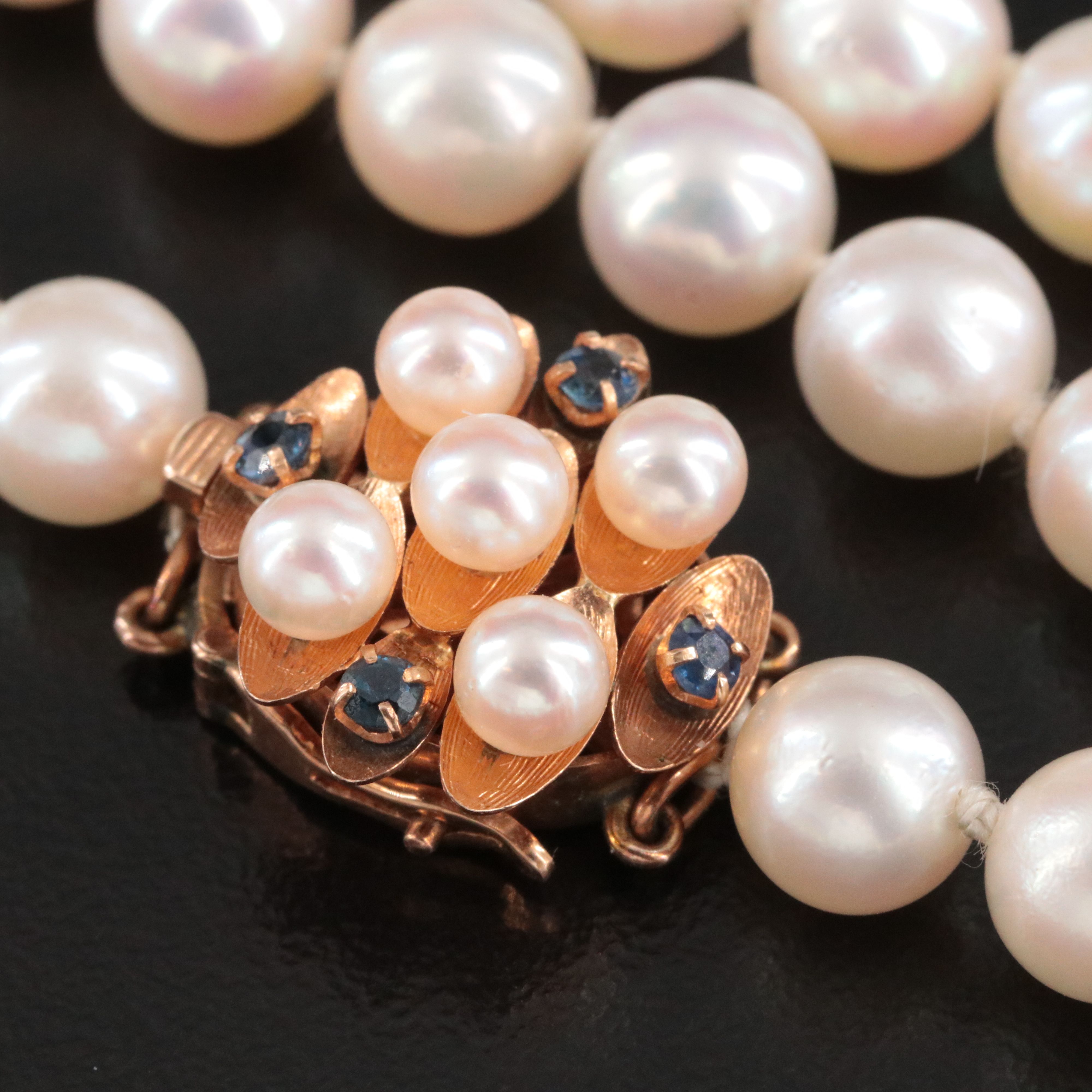 Opera Length Pearl Necklace with a 14K Pearl and Sapphire Accented Clasp