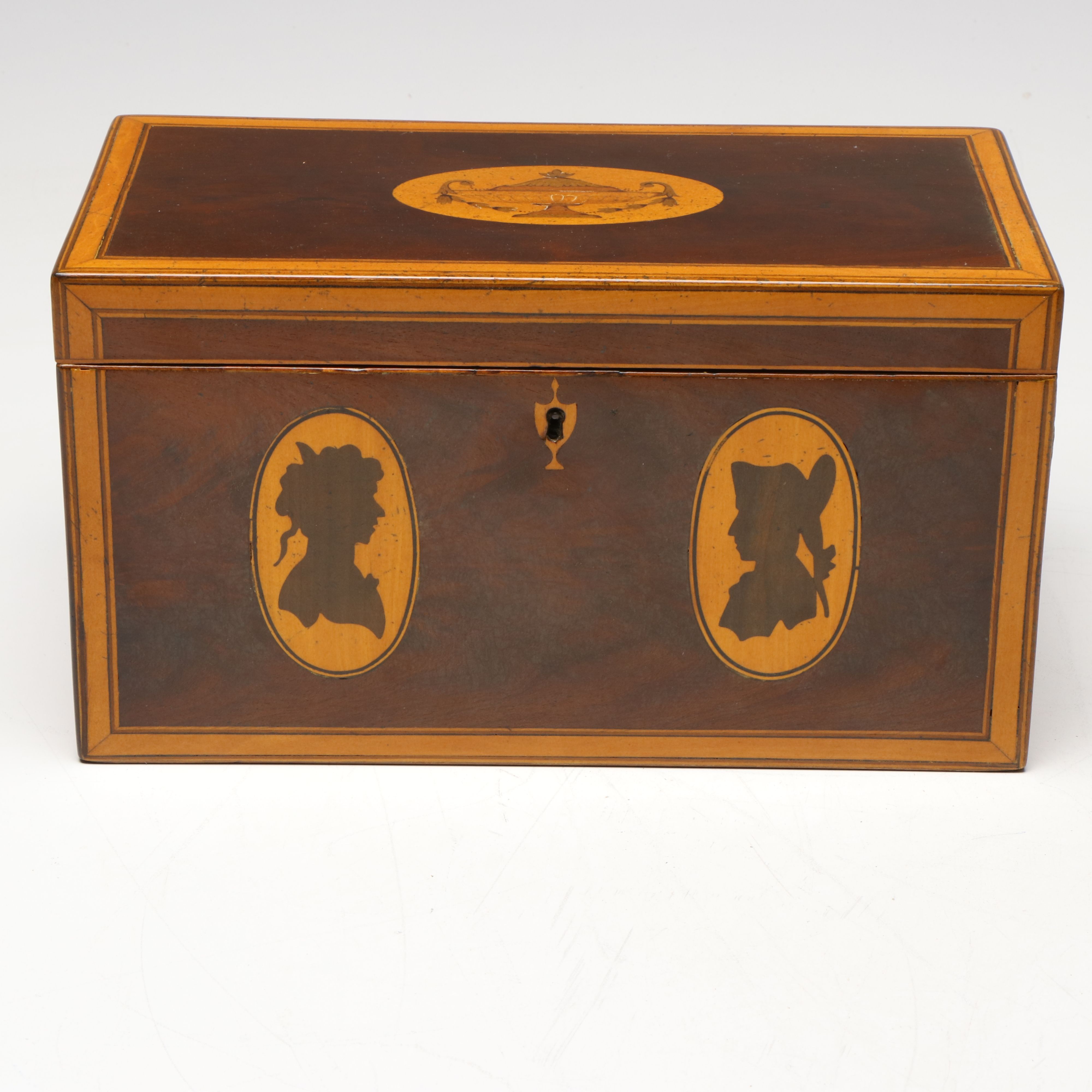 Georgian Silhouette Inlay Hinged Mahogany Box, Late 18th/Early 19th C.